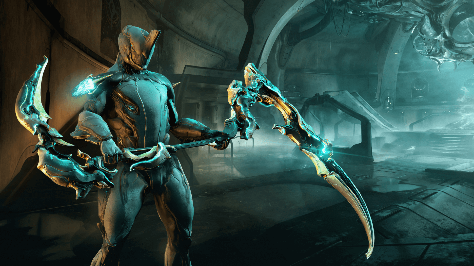 Warframe character with glowing scythe weapon HD Wallpaper