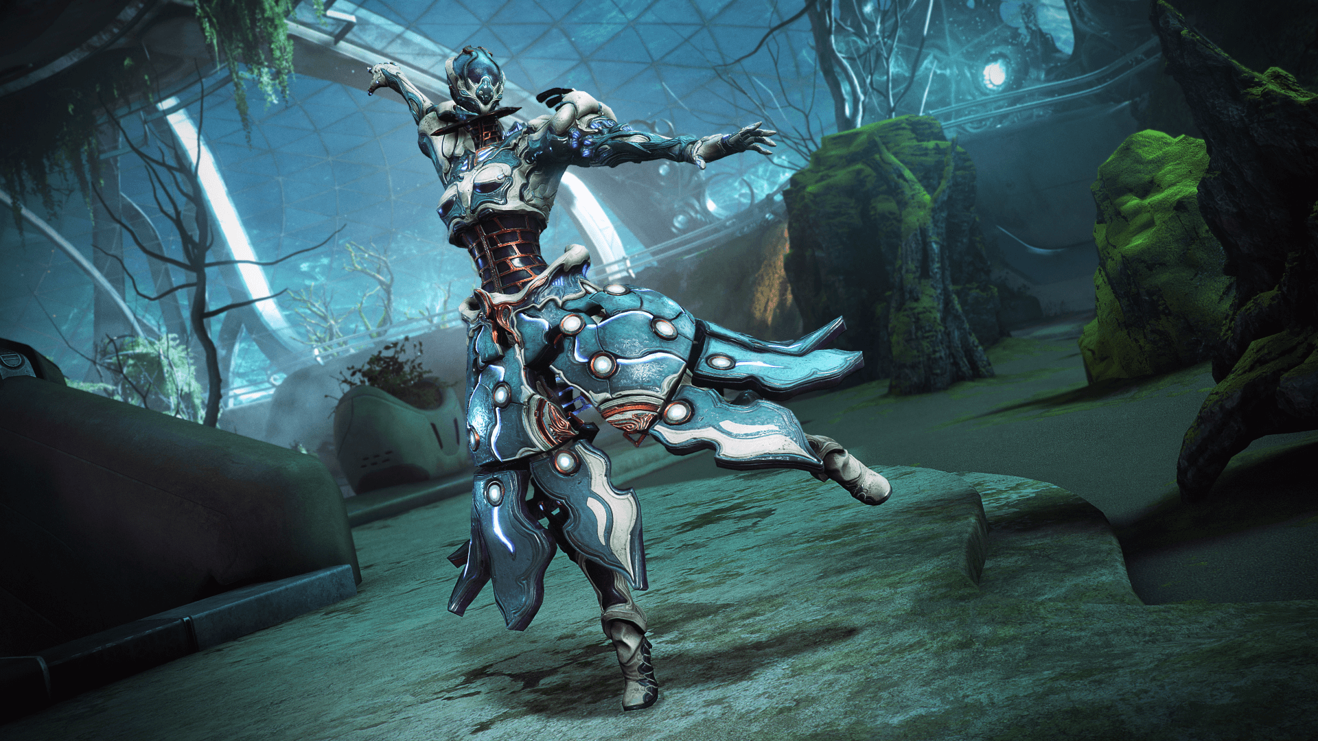 Warframe character in a futuristic overgrown environment HD Wallpaper