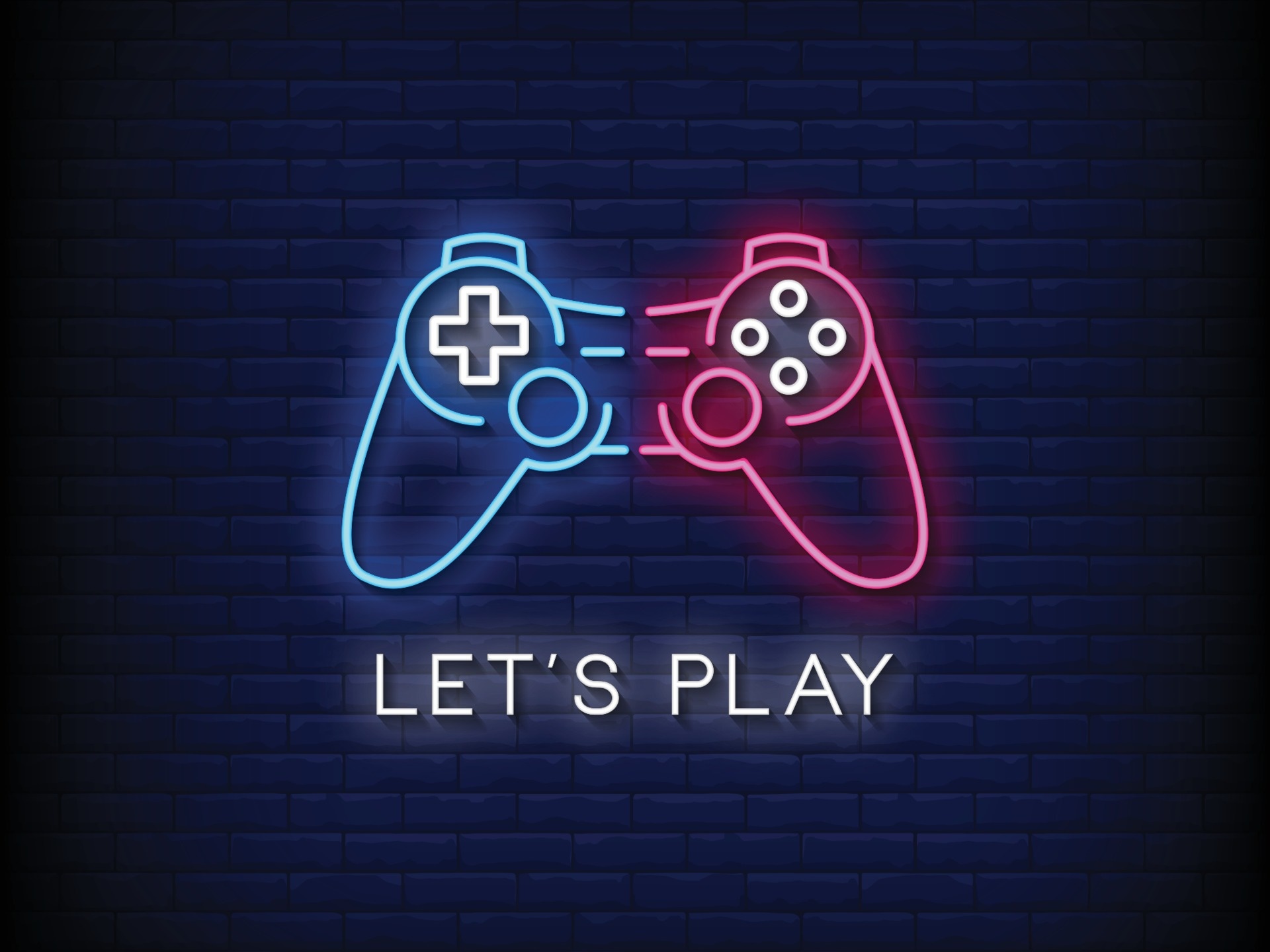 Neon Game Controllers and "Let's Play" Text HD Wallpaper