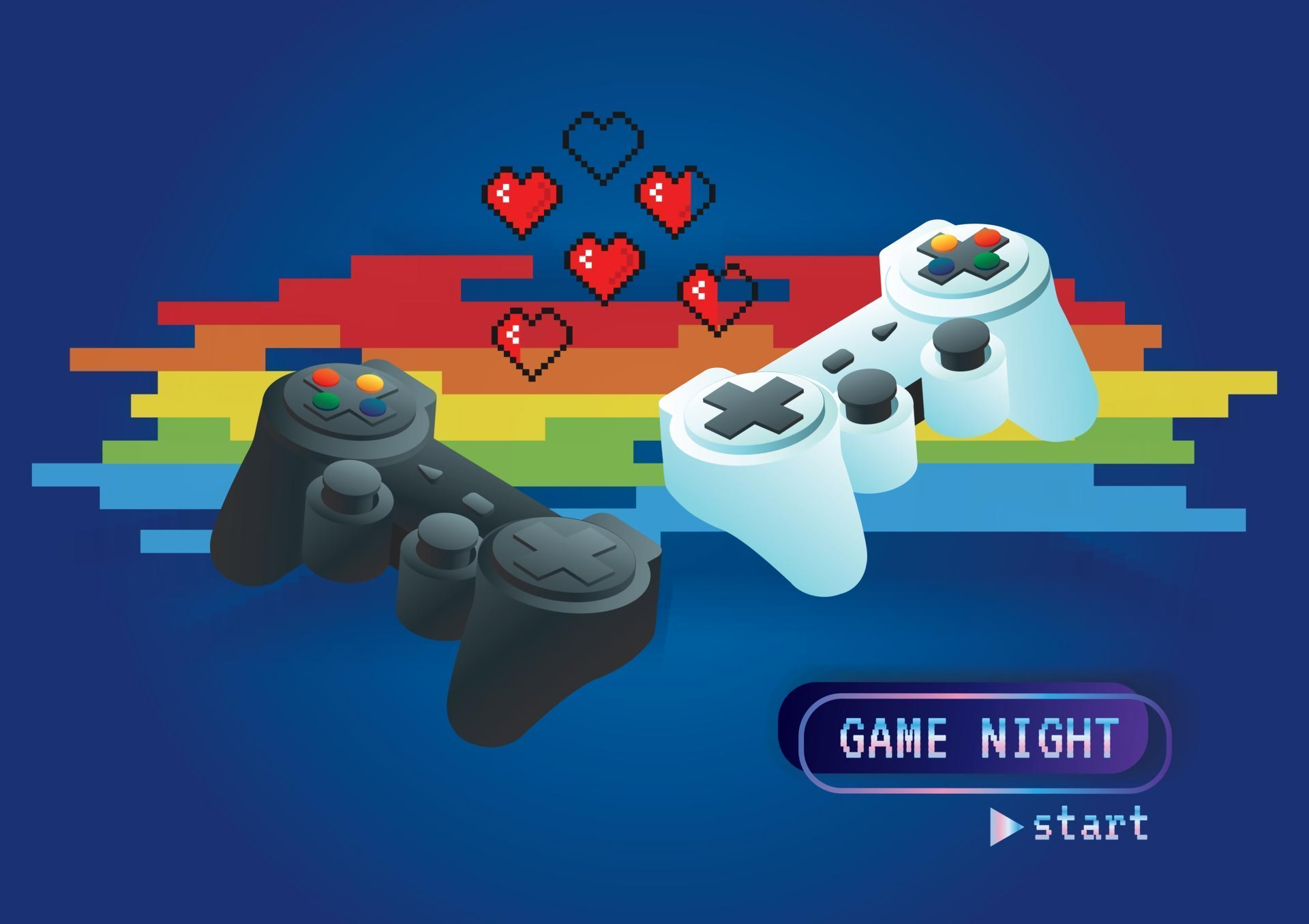 Two game controllers with pixelated hearts and rainbow stripes HD Wallpaper