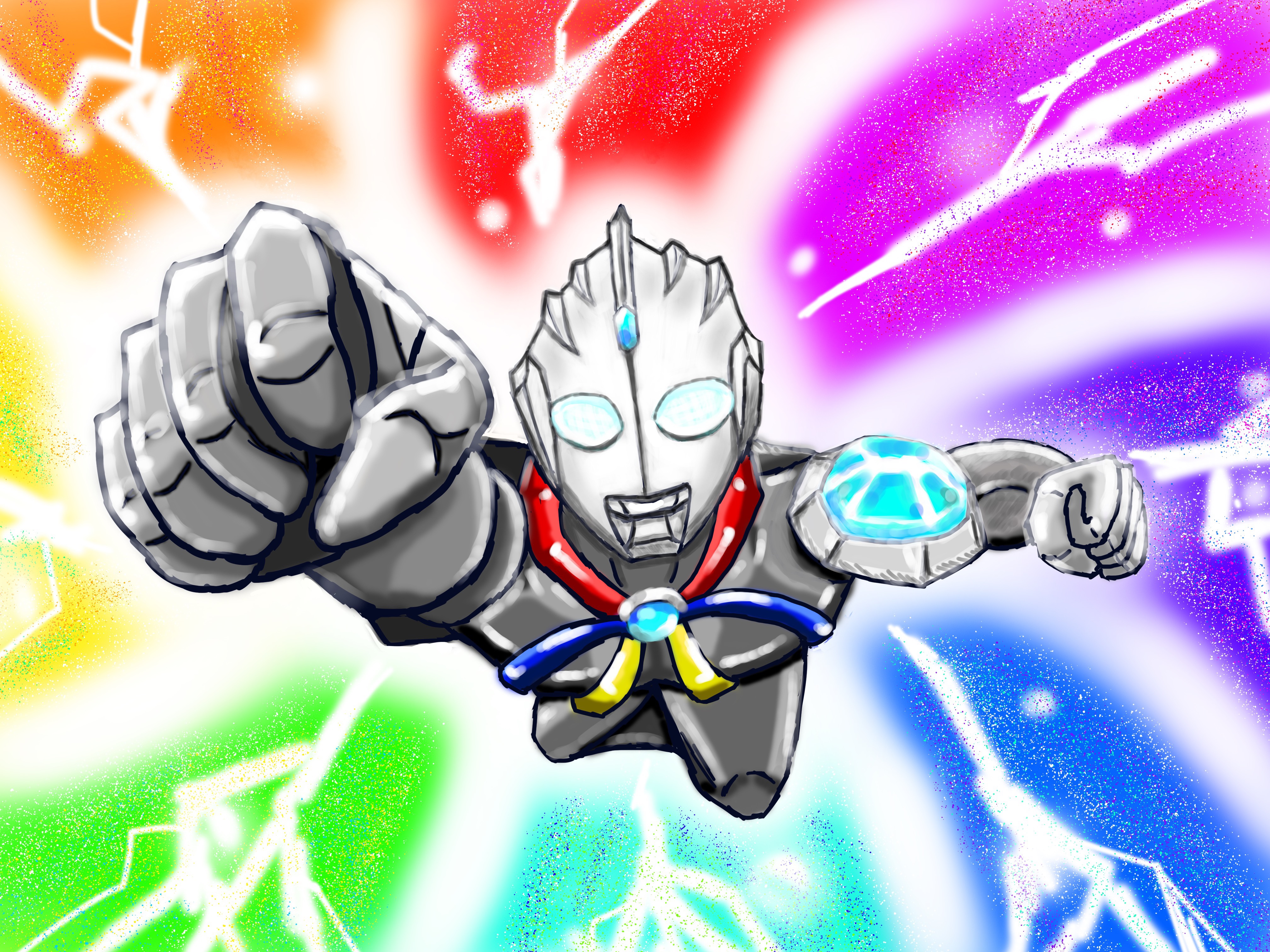 Ultraman flying with rainbow energy blasts HD Wallpaper