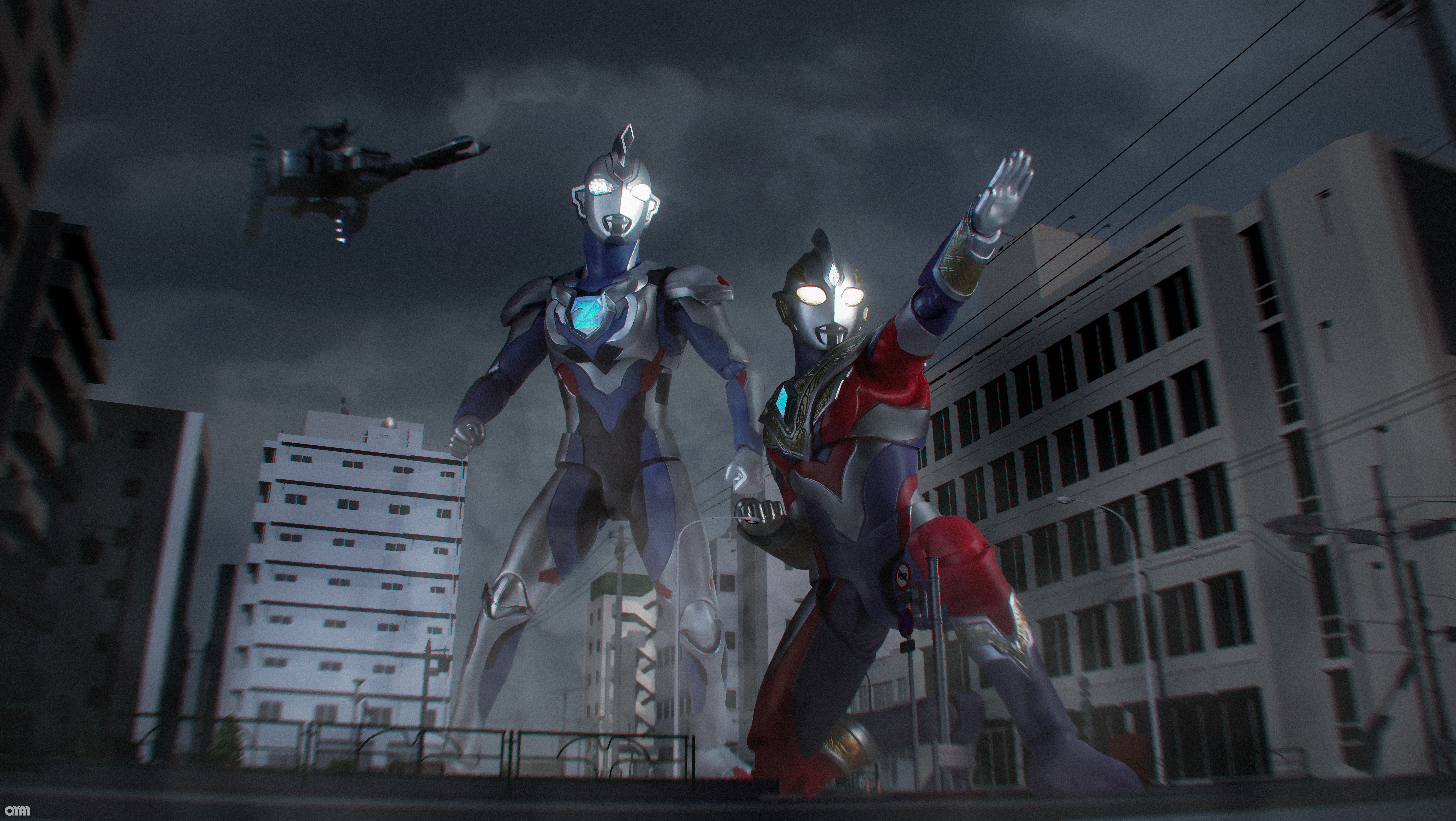 Ultraman characters in a city with a helicopter HD Wallpaper