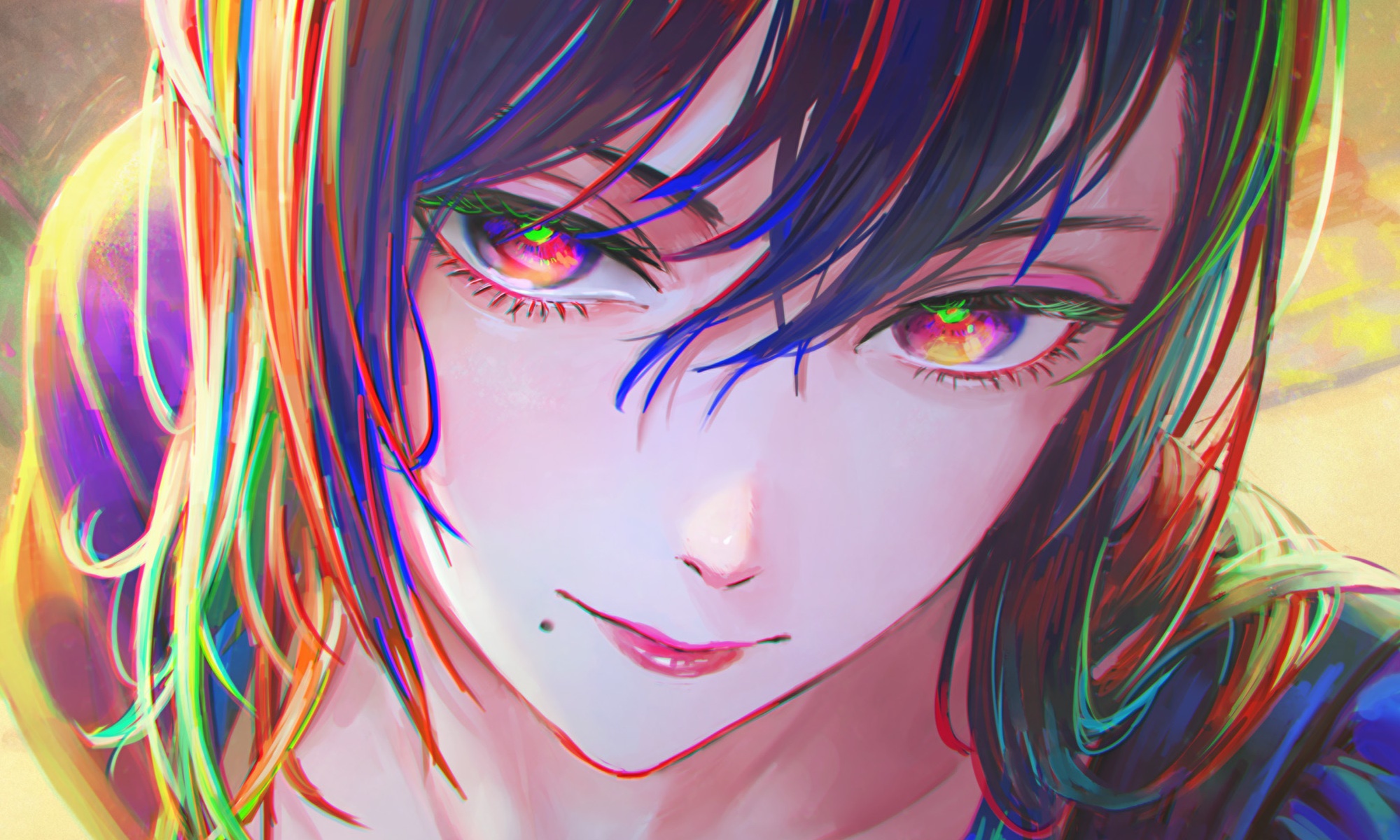 Anime girl with colorful hair and eyes HD Wallpaper