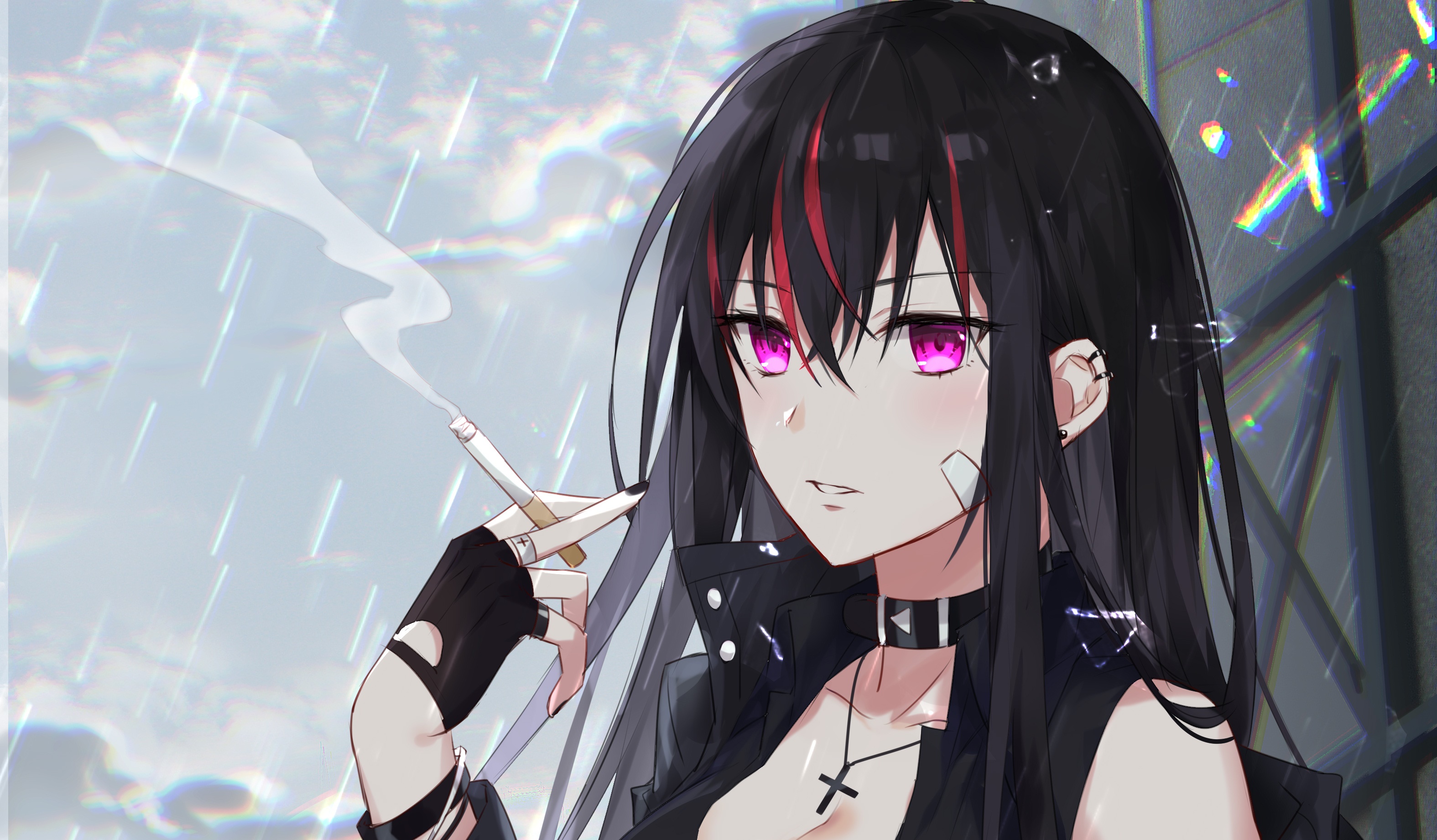 Anime girl smoking in the rain HD Wallpaper