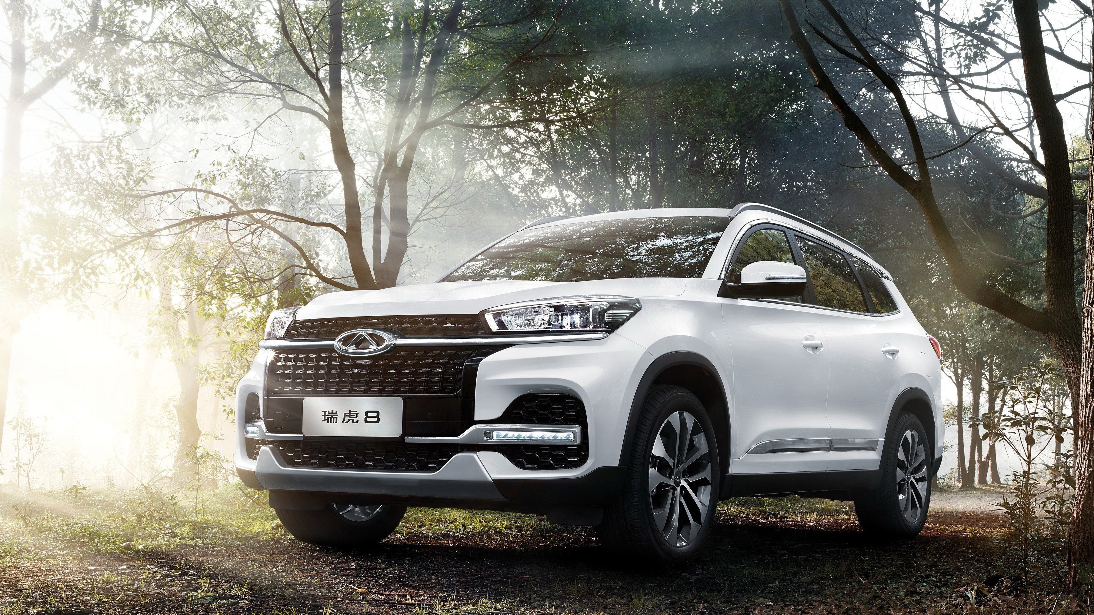 White Chery Tiggo 8 SUV in a Forest HD Wallpaper