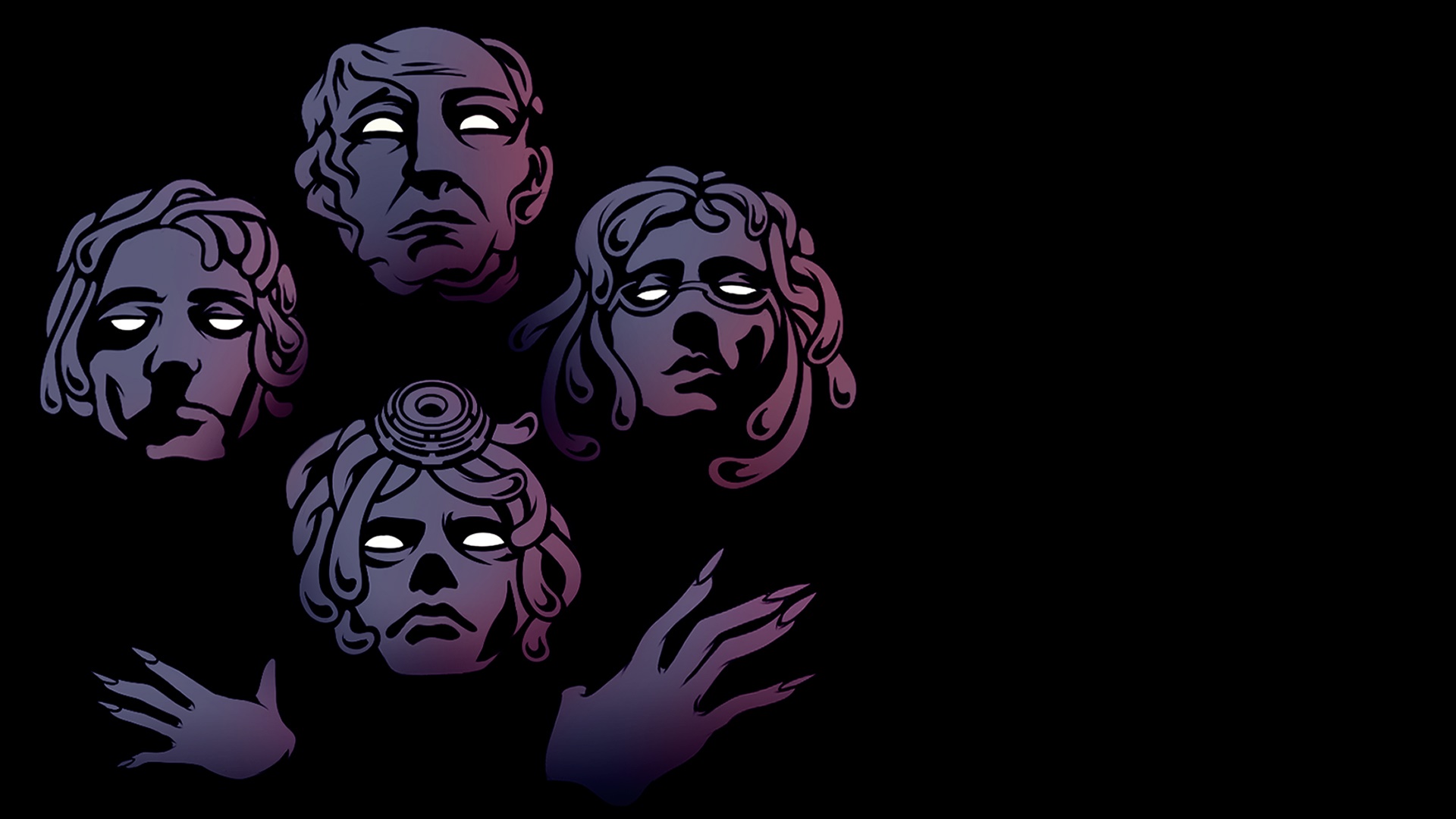 Four stylized faces and hands on a black background HD Wallpaper