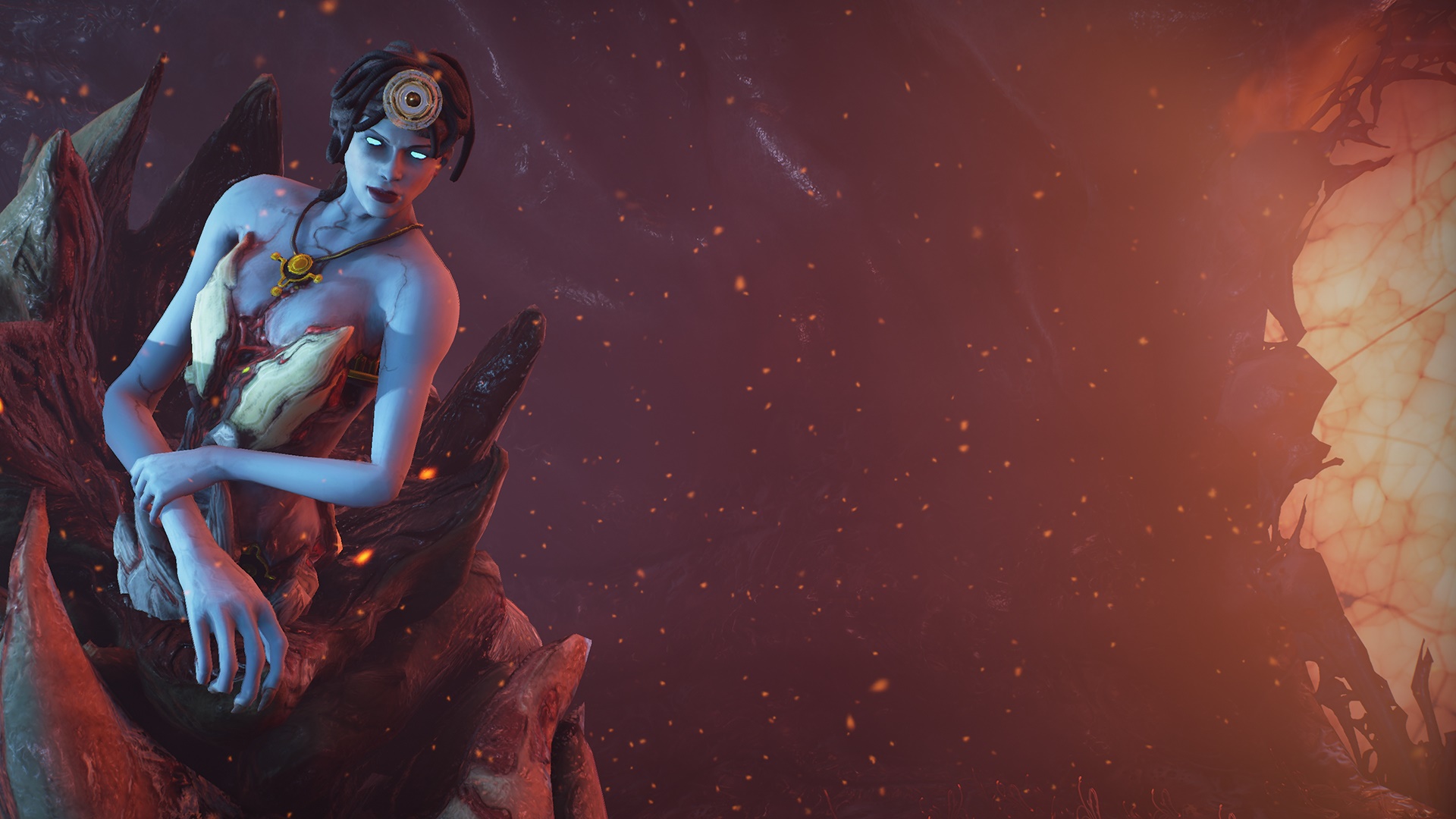 Warframe character with blue skin and ornate jewelry HD Wallpaper