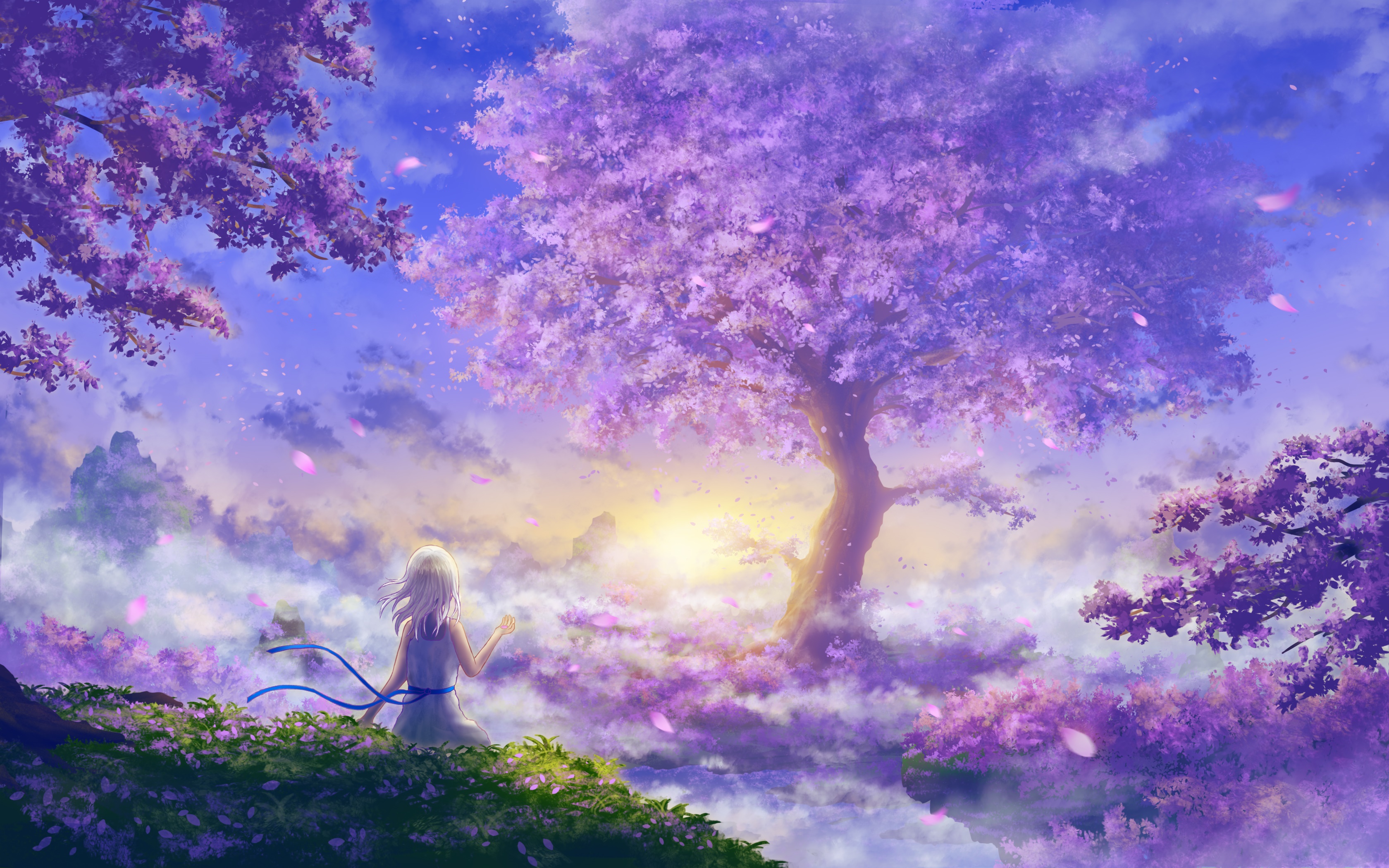 Girl sitting under a large purple tree HD Wallpaper