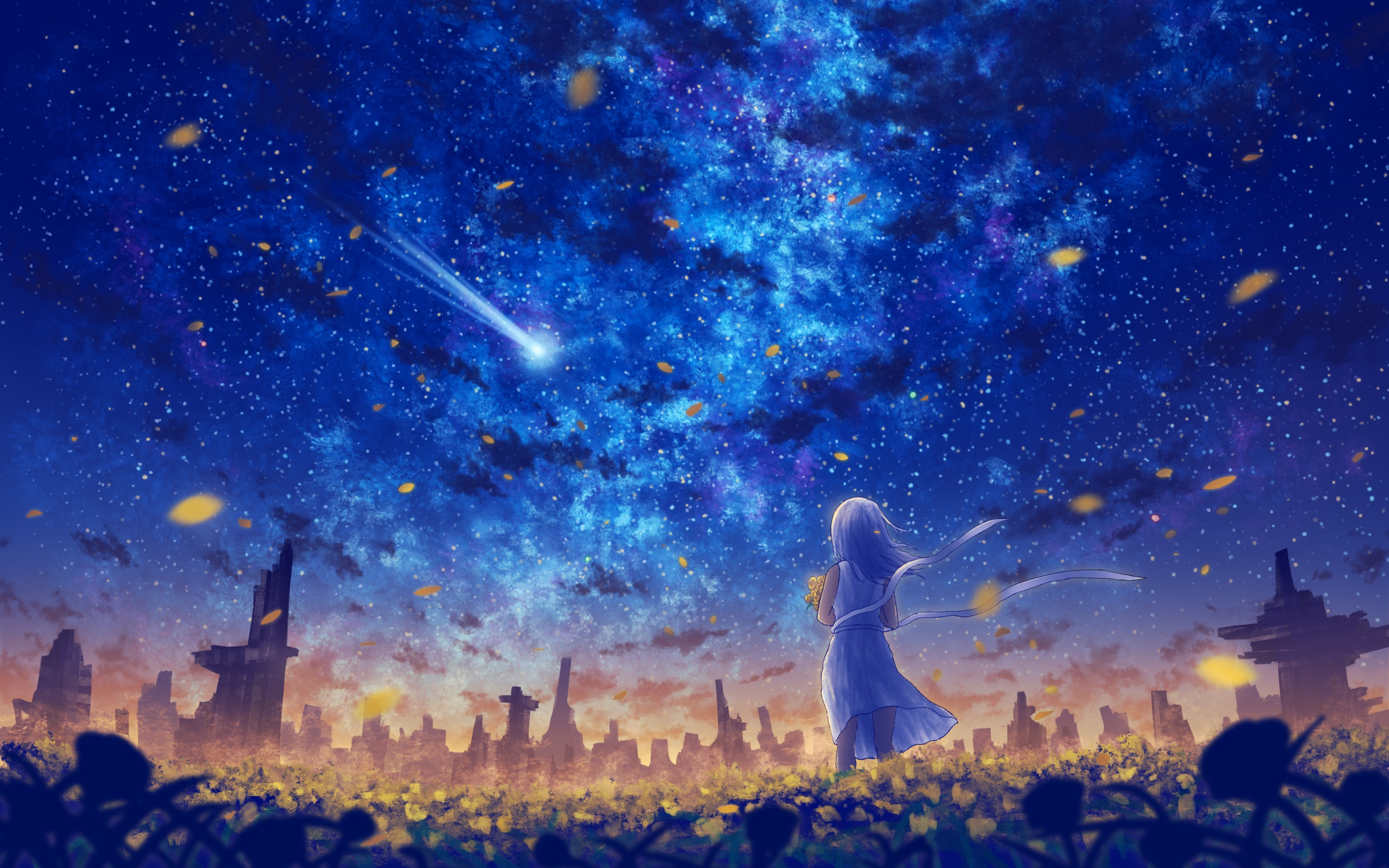 Girl in a field under a starry sky with a shooting star HD Wallpaper