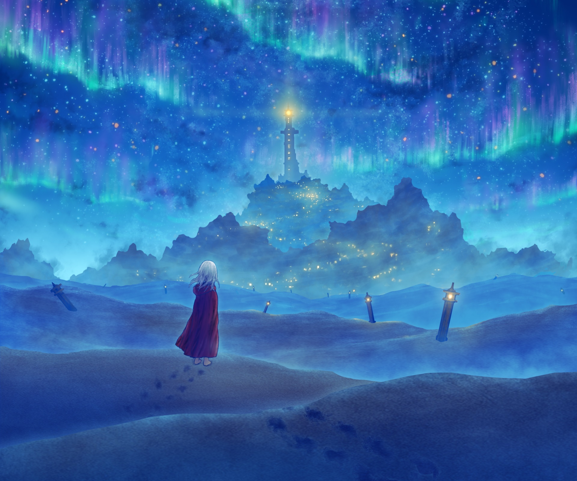 Girl in red cloak in a snowy landscape under aurora borealis HD Wallpaper
