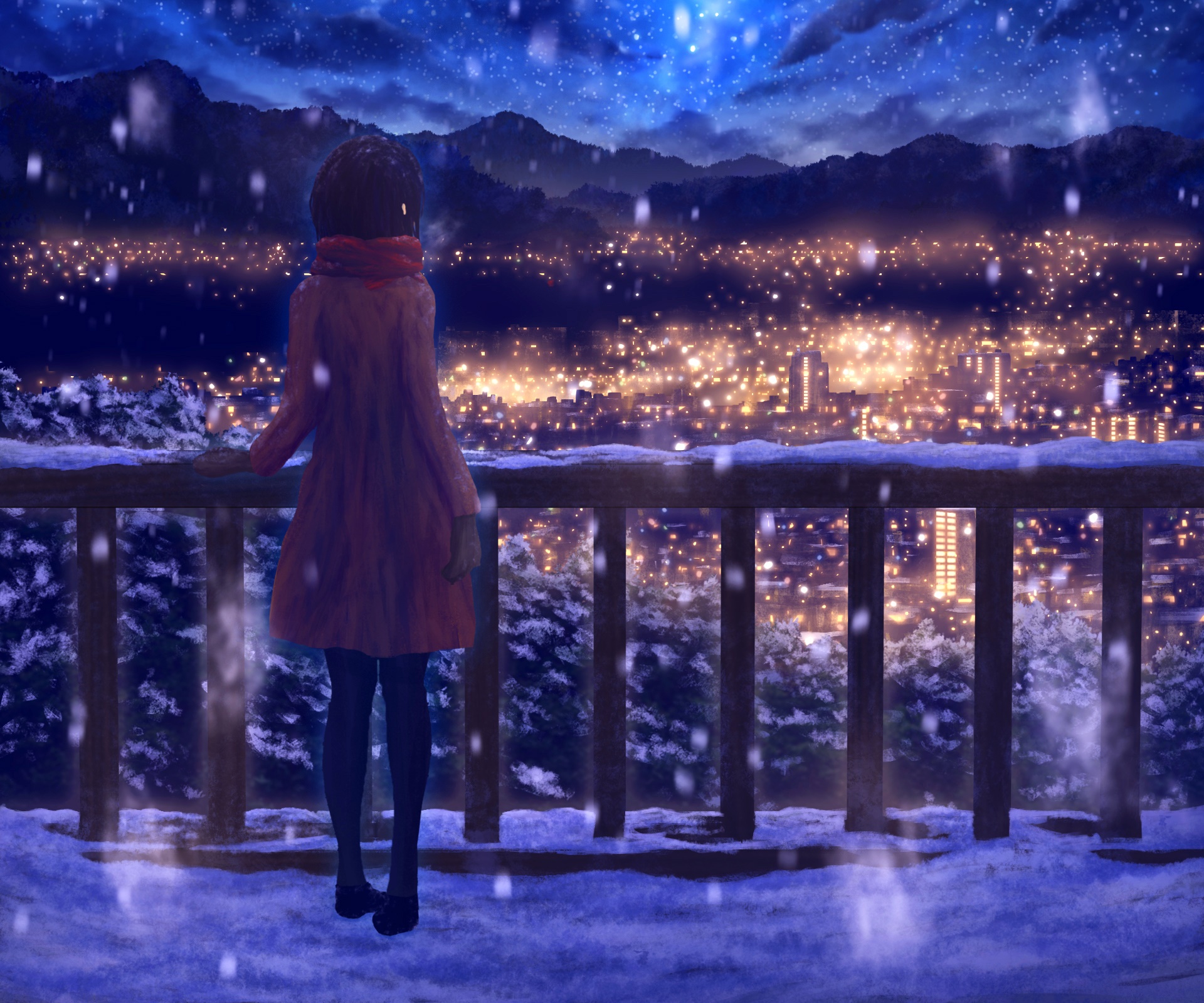 Girl in winter coat overlooking city lights HD Wallpaper