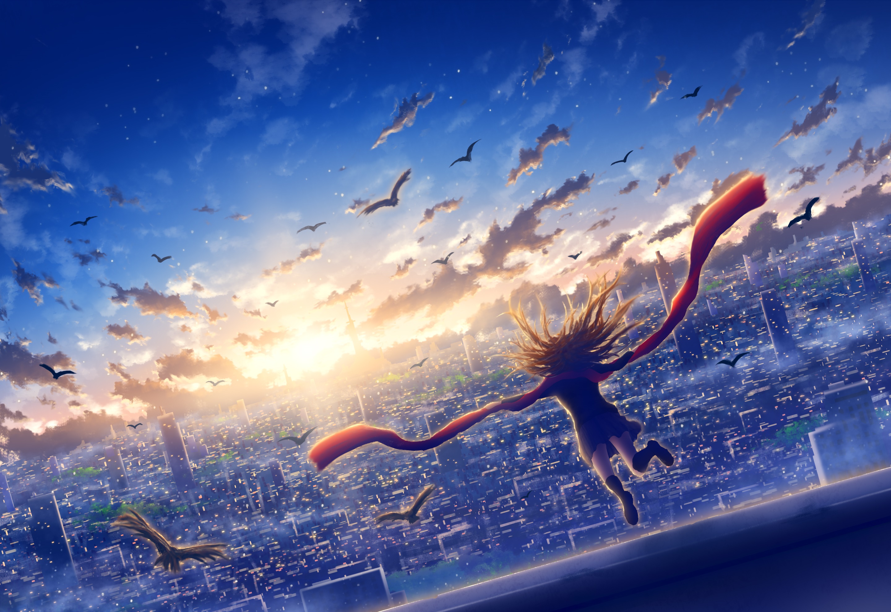 Girl with red scarf flying over city at sunset HD Wallpaper