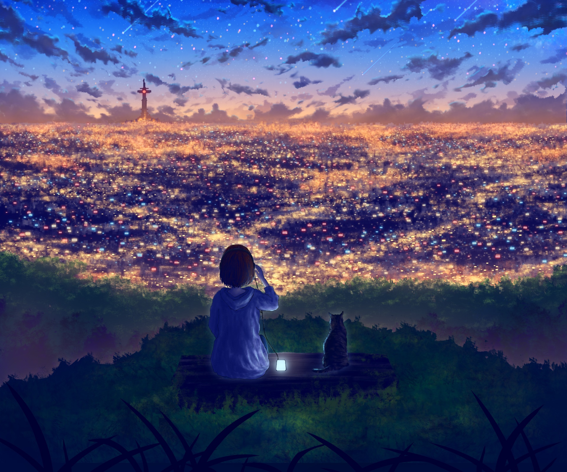 Girl and cat overlooking a city at night HD Wallpaper