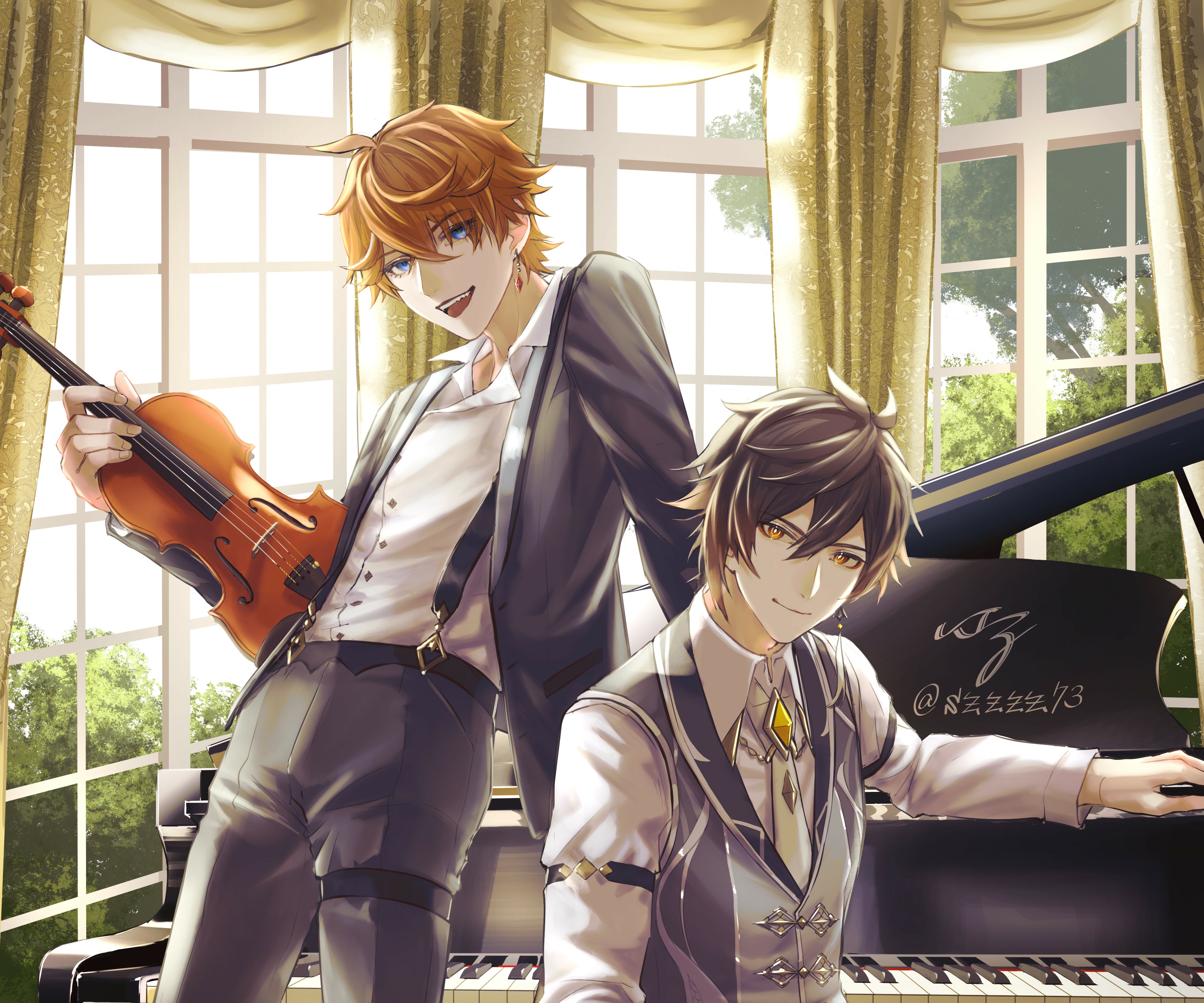 Childe and Zhongli from Genshin Impact with Violin and Piano HD Wallpaper