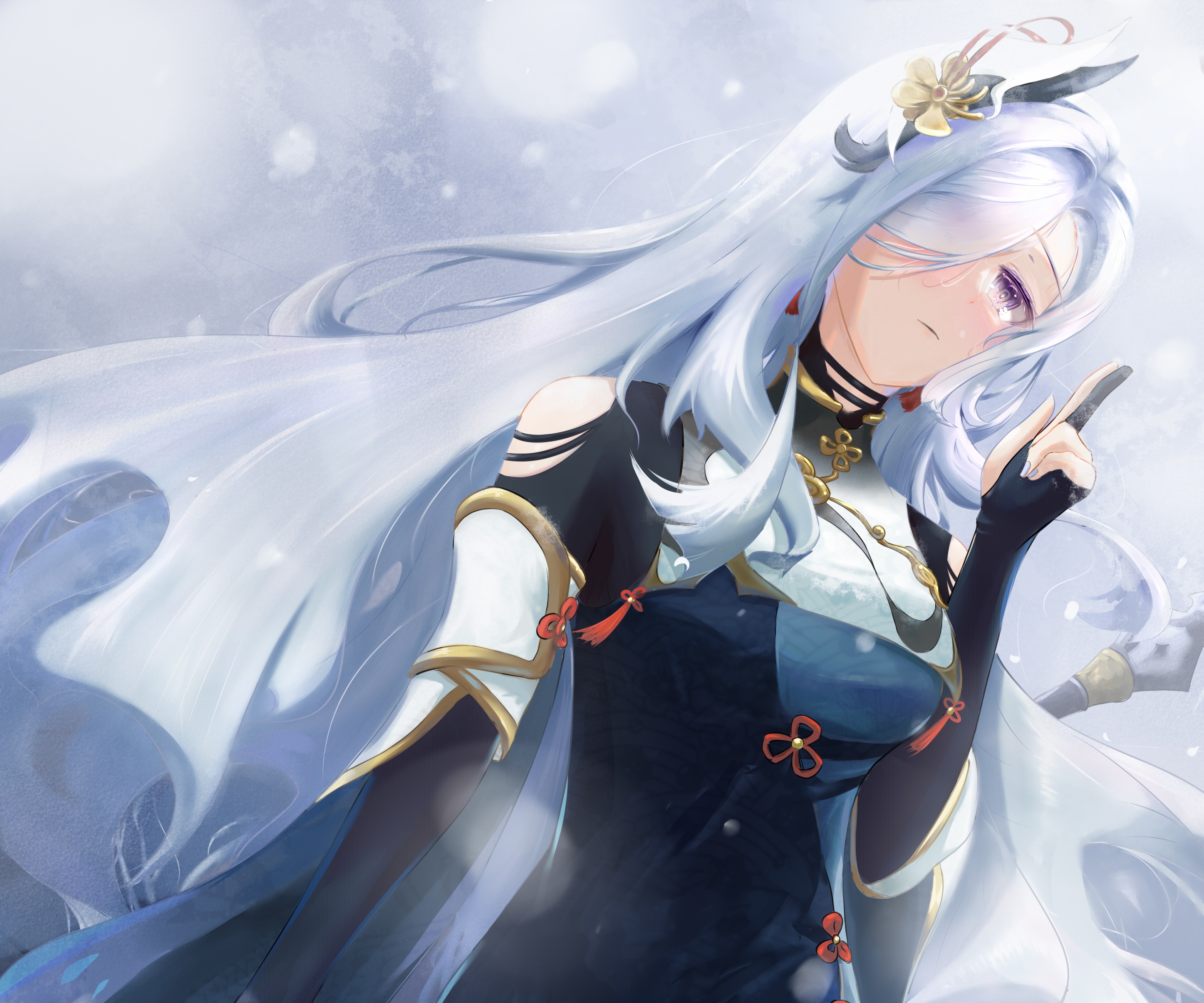 Shenhe from Genshin Impact in snow HD Wallpaper