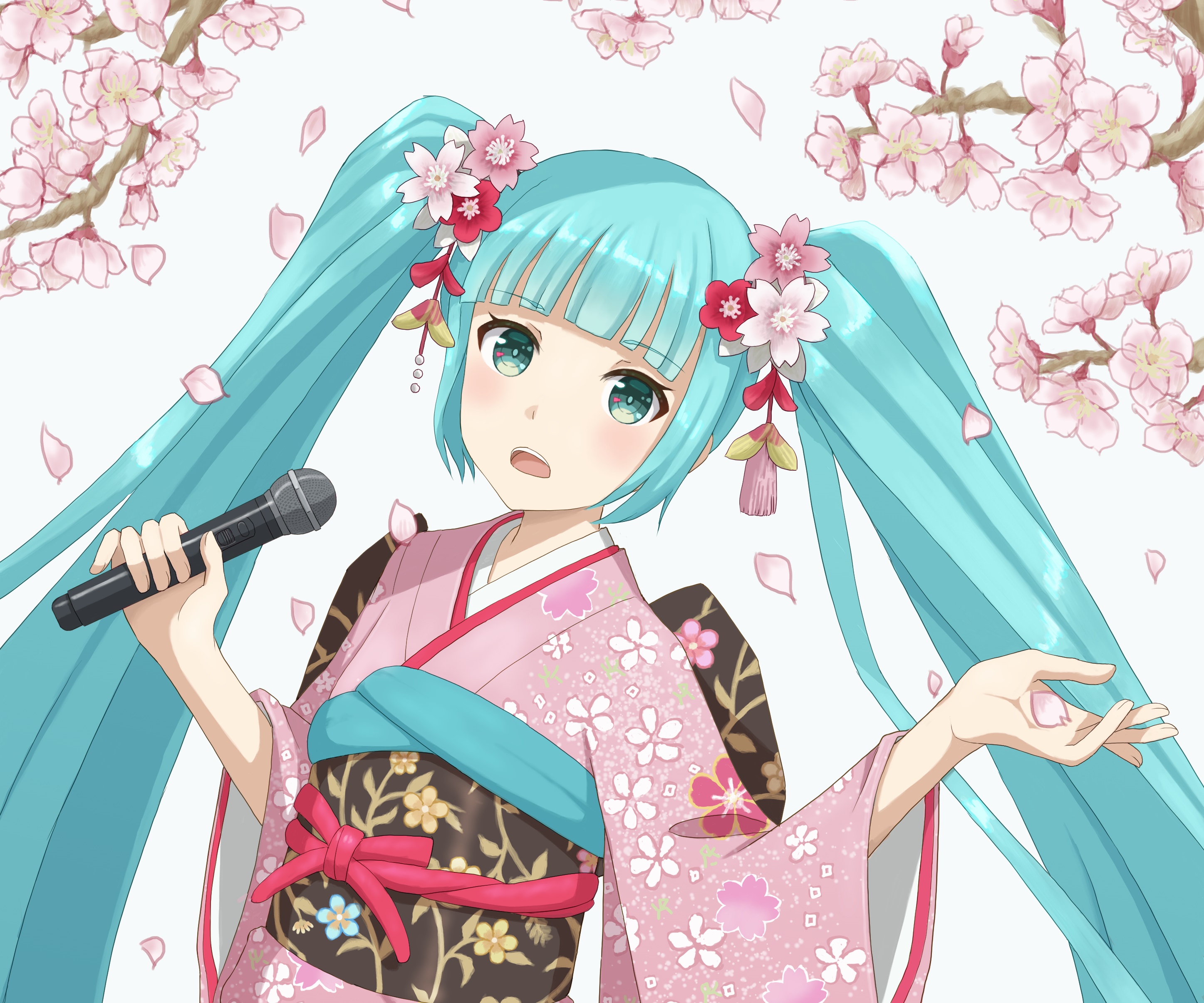 Hatsune Miku singing in a kimono with cherry blossoms HD Wallpaper