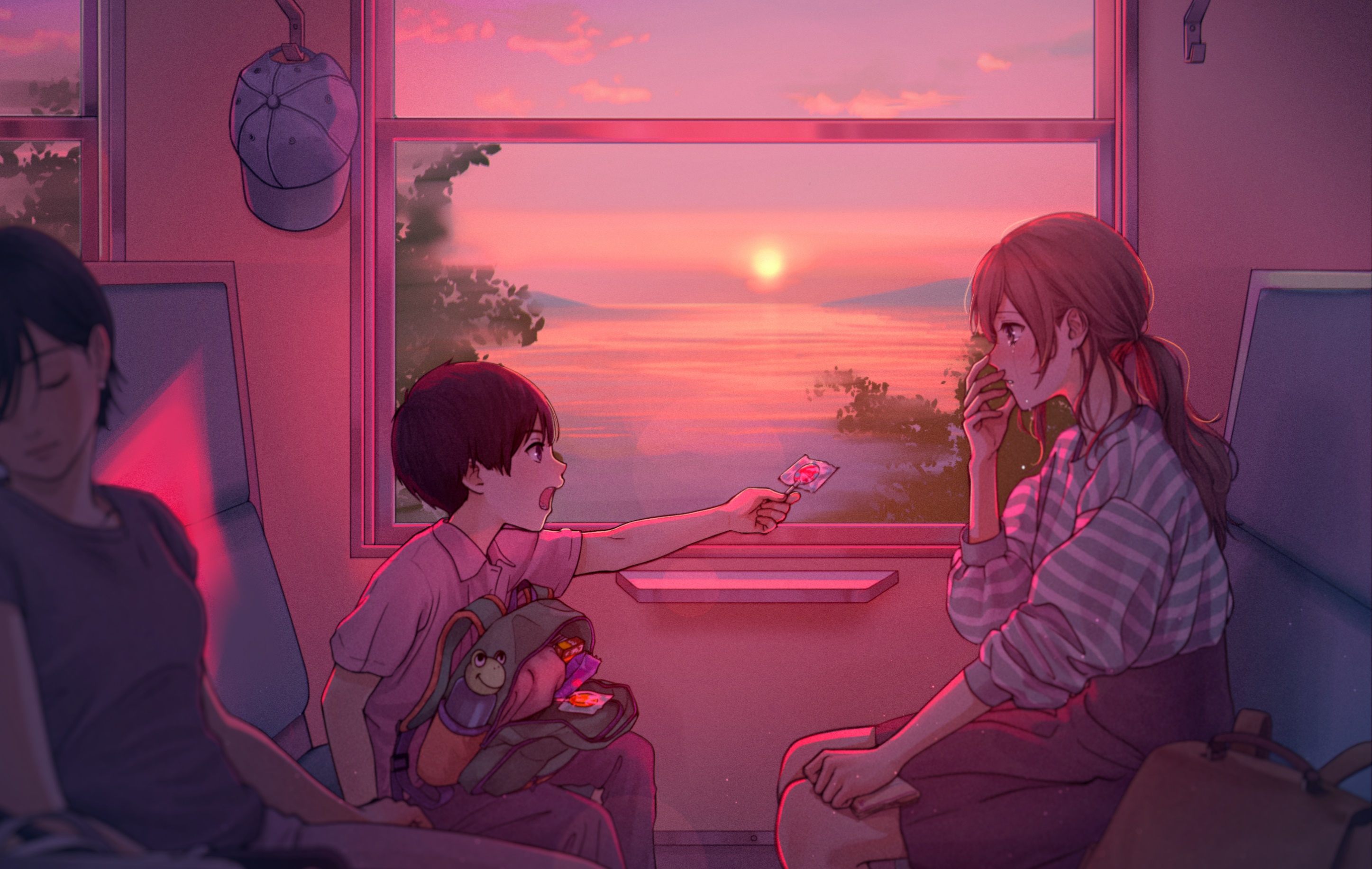 Children on a train at sunset HD Wallpaper
