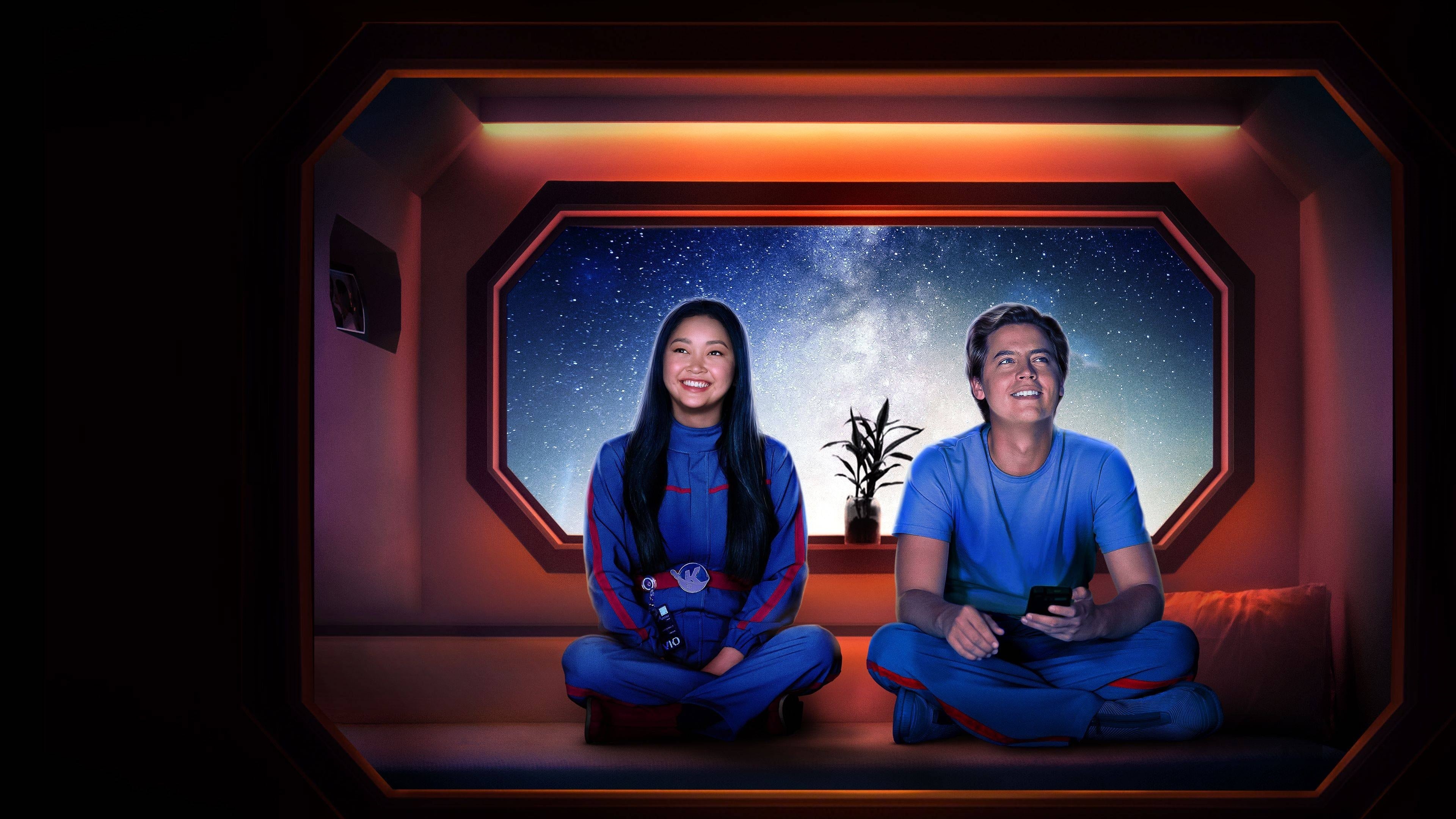 Two people in a spaceship looking out at stars HD Wallpaper