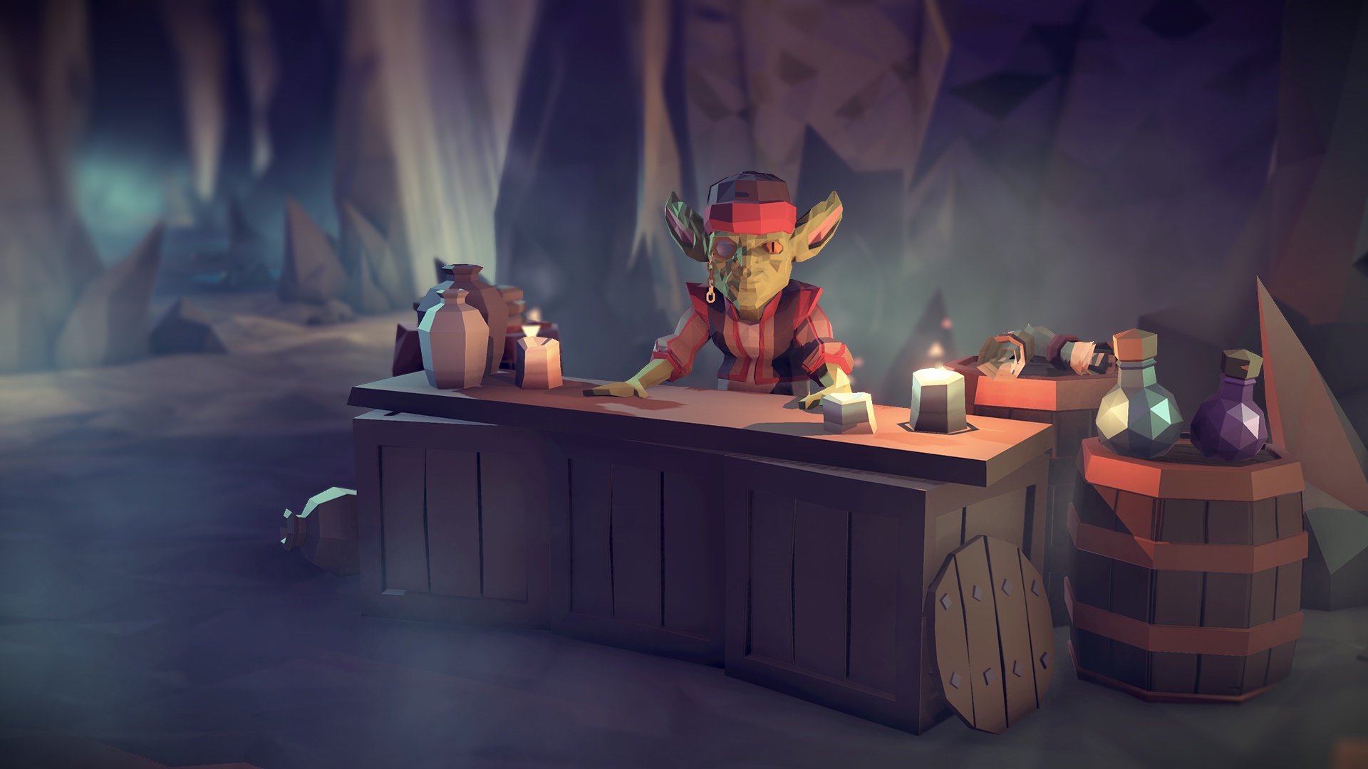 Goblin merchant in a cave bar from For The King HD Wallpaper