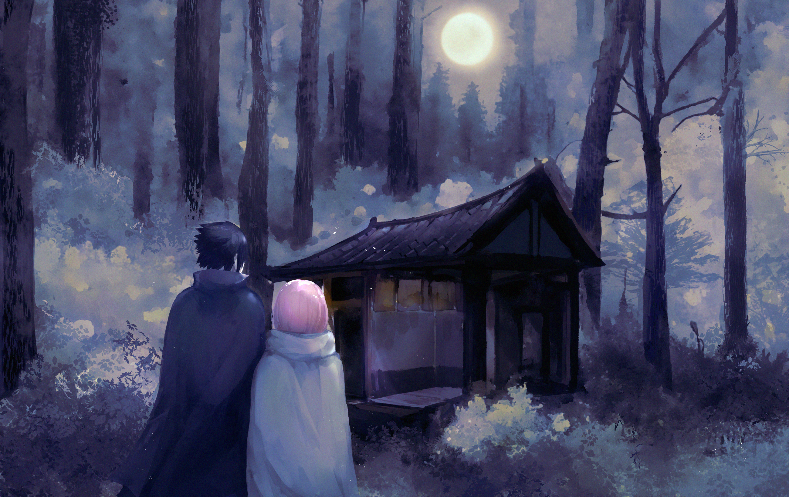 Sakura and Sasuke from Naruto in a forest at night HD Wallpaper