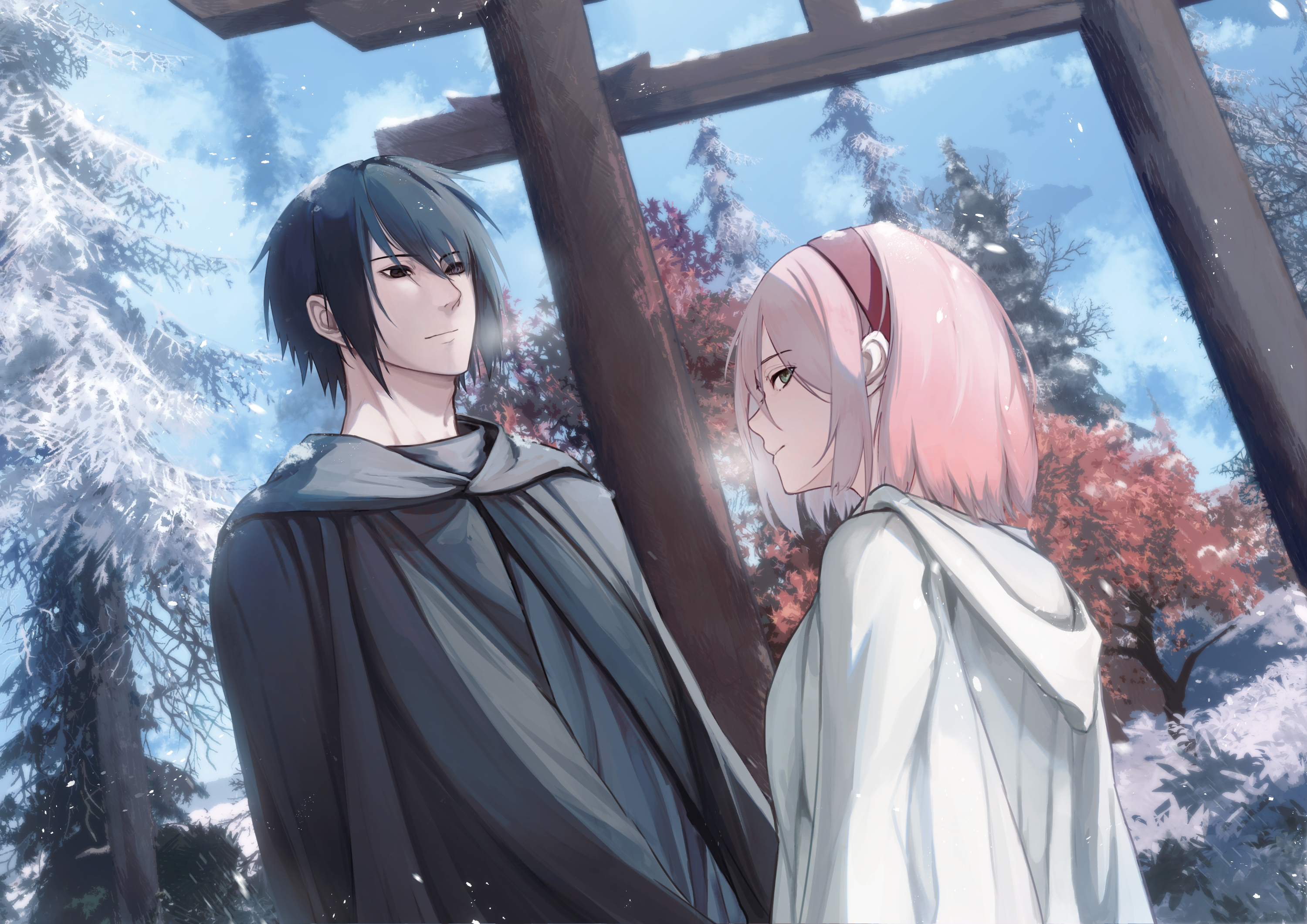 Sasuke Uchiha and Sakura Haruno from Naruto in winter HD Wallpaper