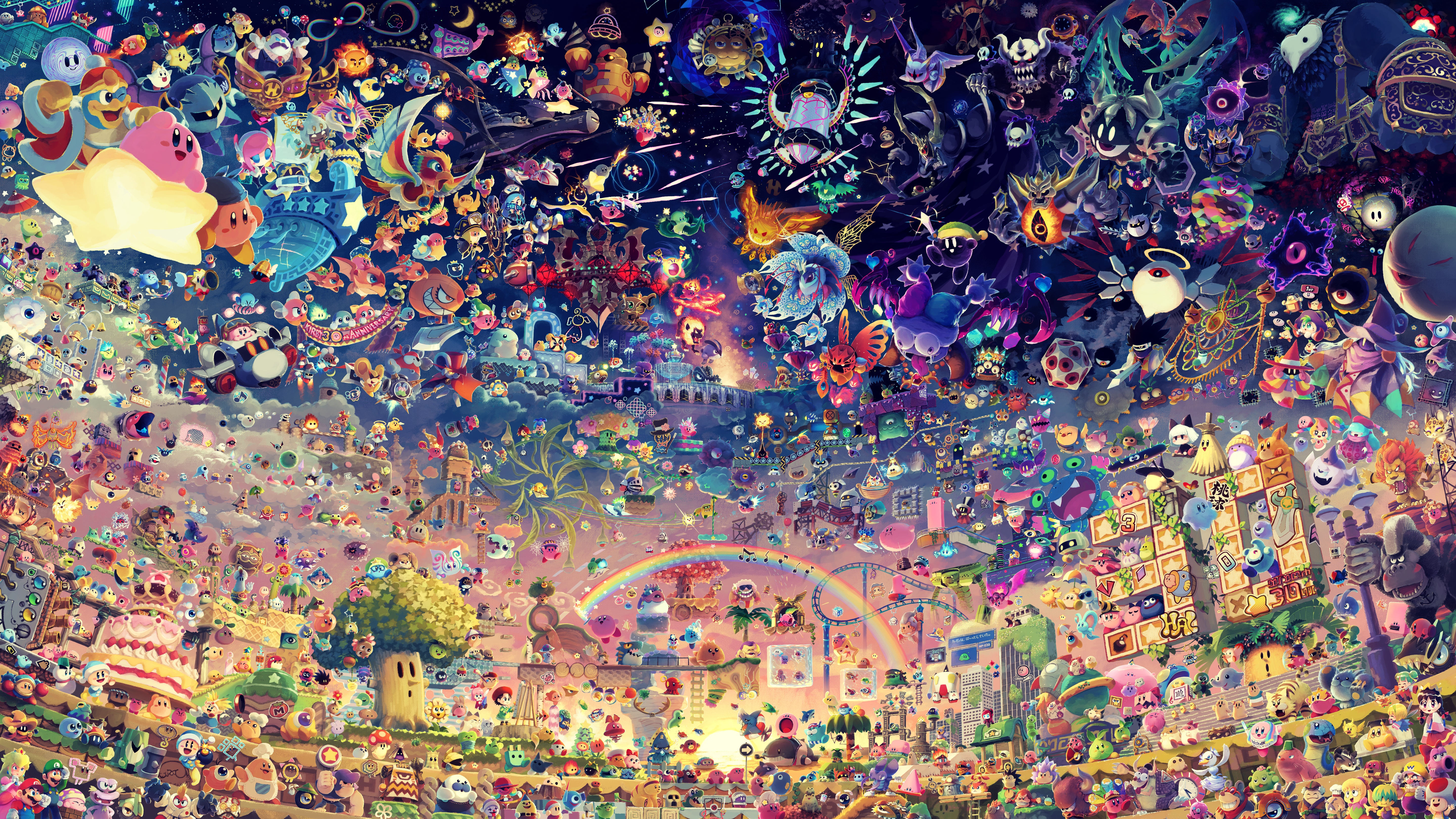 Kirby characters and creatures in a colorful landscape HD Wallpaper