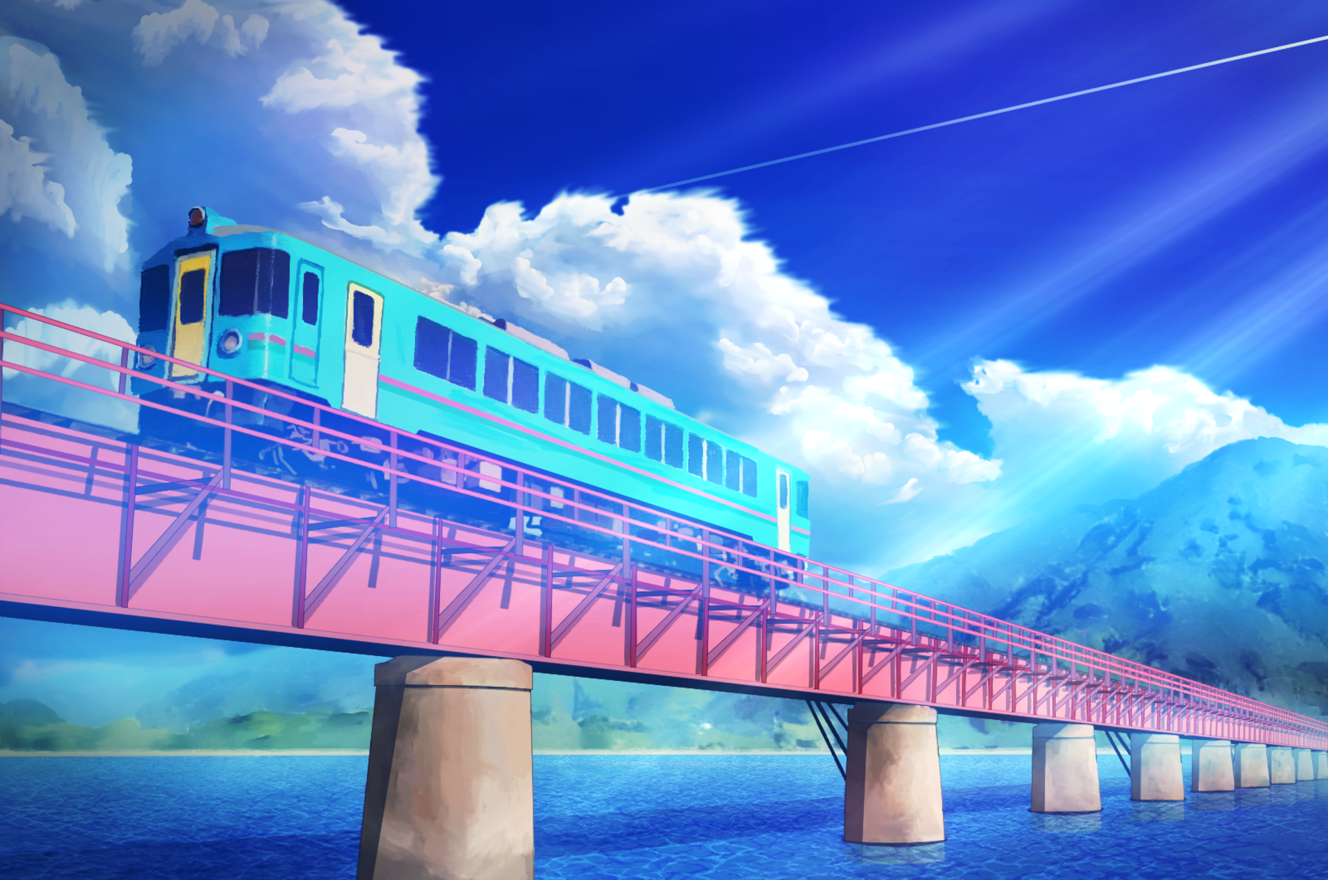 Blue train on a bridge over water HD Wallpaper