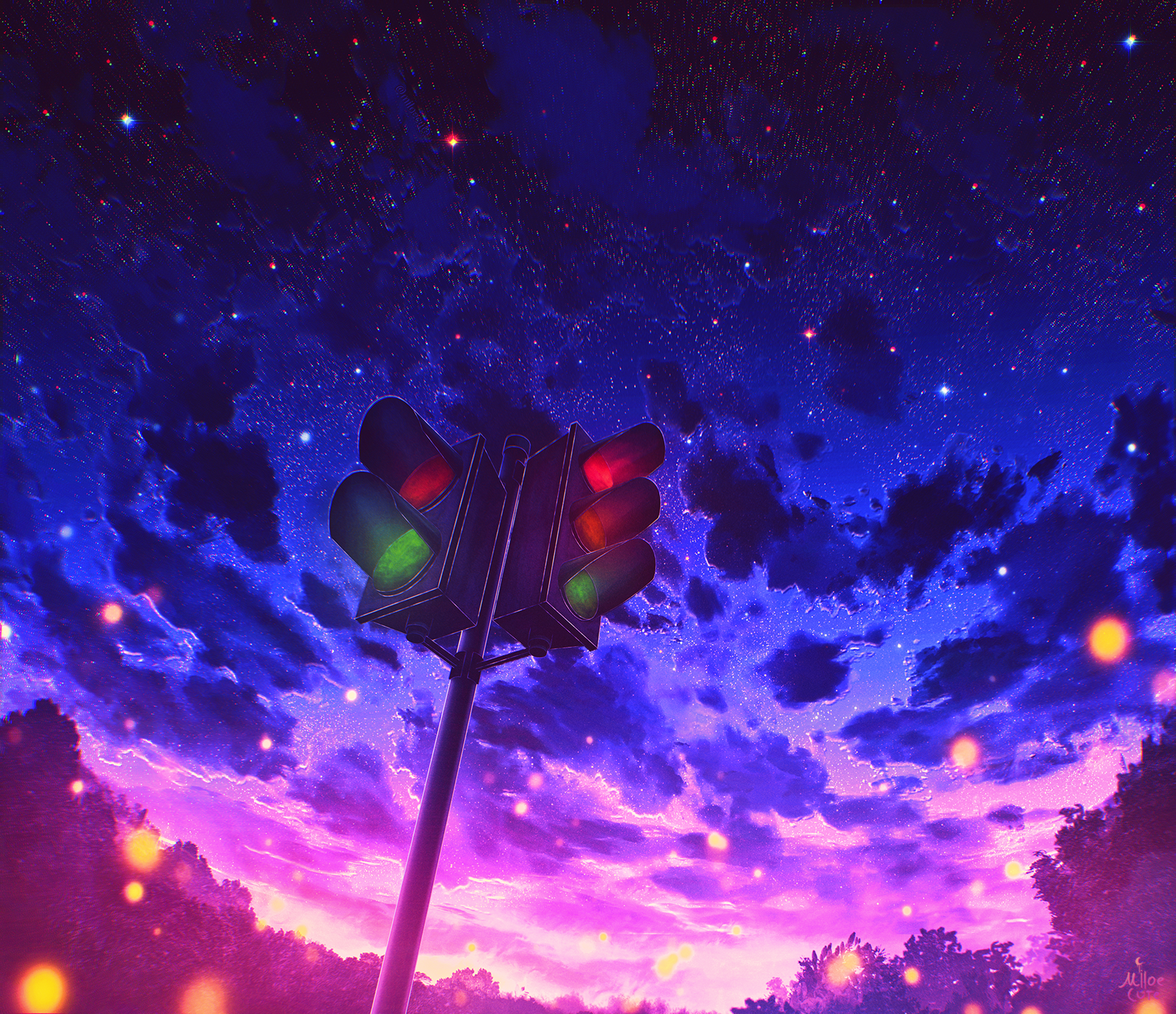 Traffic light against a starry night sky HD Wallpaper