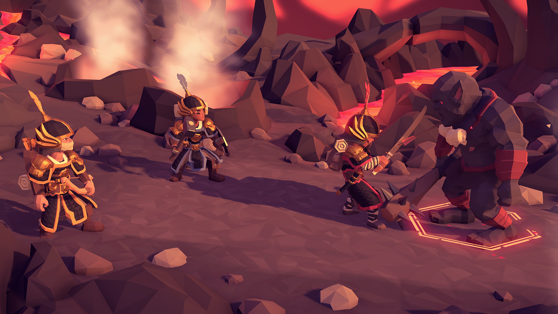 Fantasy characters fighting a monster in a volcanic landscape HD Wallpaper