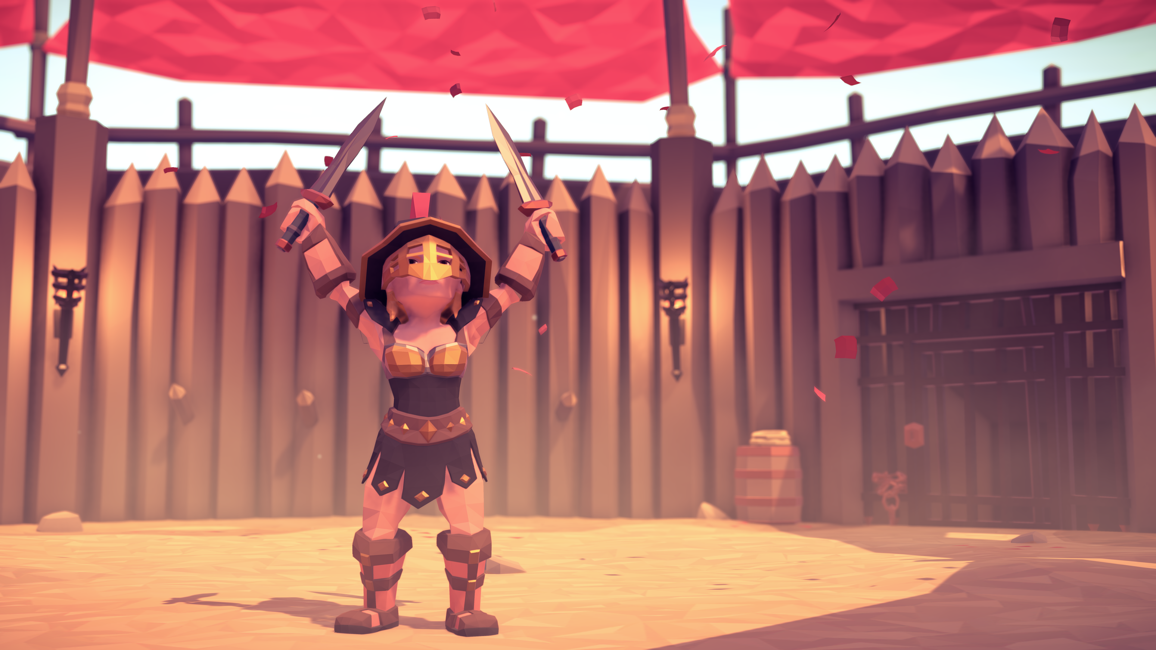 Gladiator celebrating victory in arena HD Wallpaper
