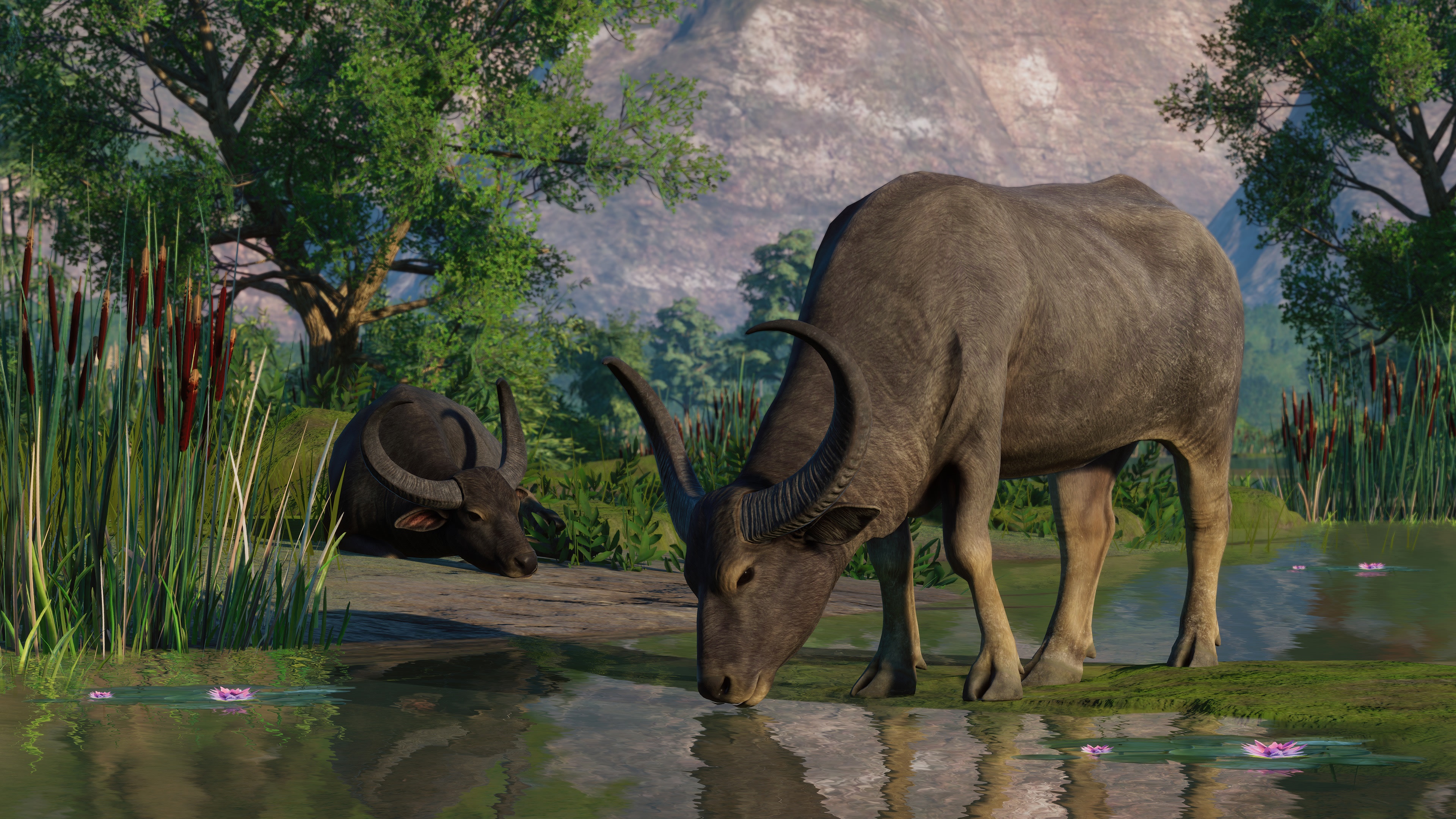 Water buffaloes drinking water in Planet Zoo 4K HD Wallpaper