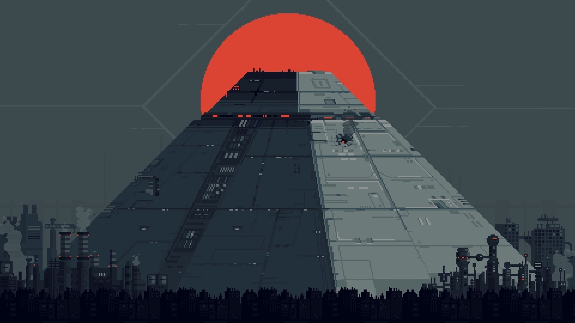 Futuristic Pyramid Cityscape with Red Sun HD Wallpaper