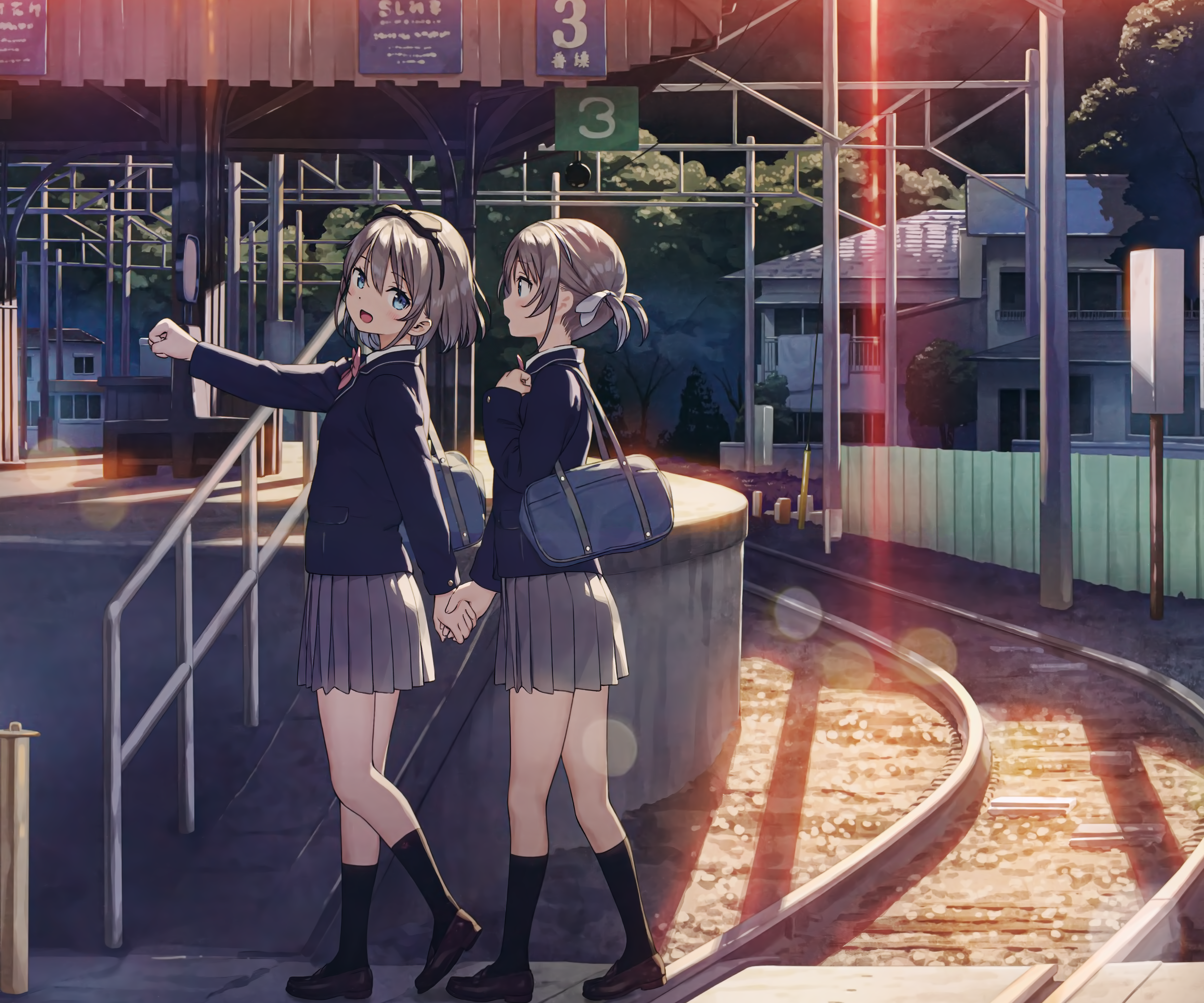 Two schoolgirls at a train station HD Wallpaper