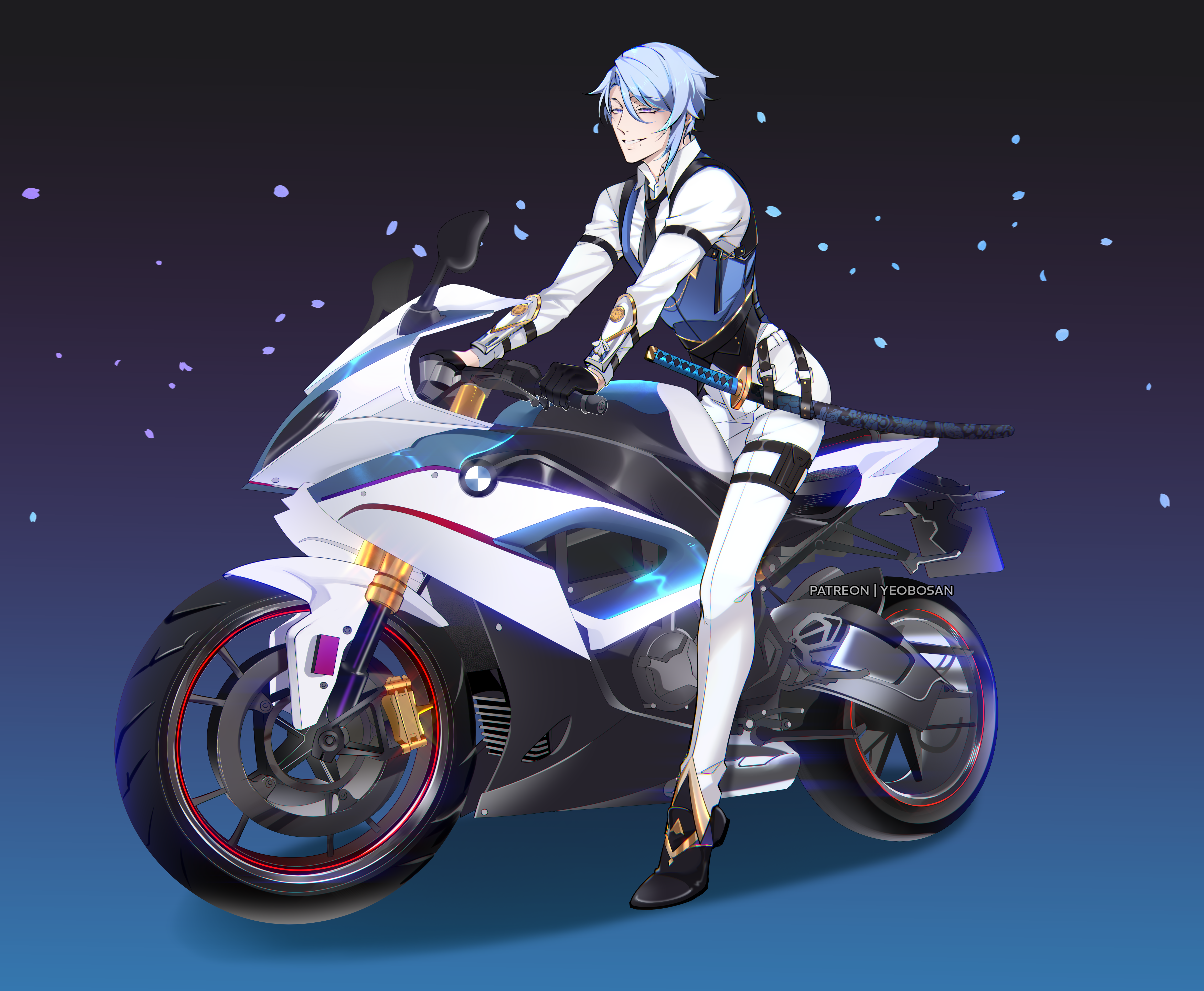 Kamisato Ayato from Genshin Impact on a motorcycle HD Wallpaper