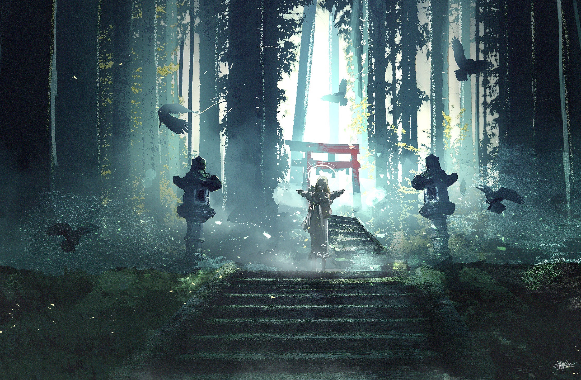Angel in a mystical forest with torii gate HD Wallpaper