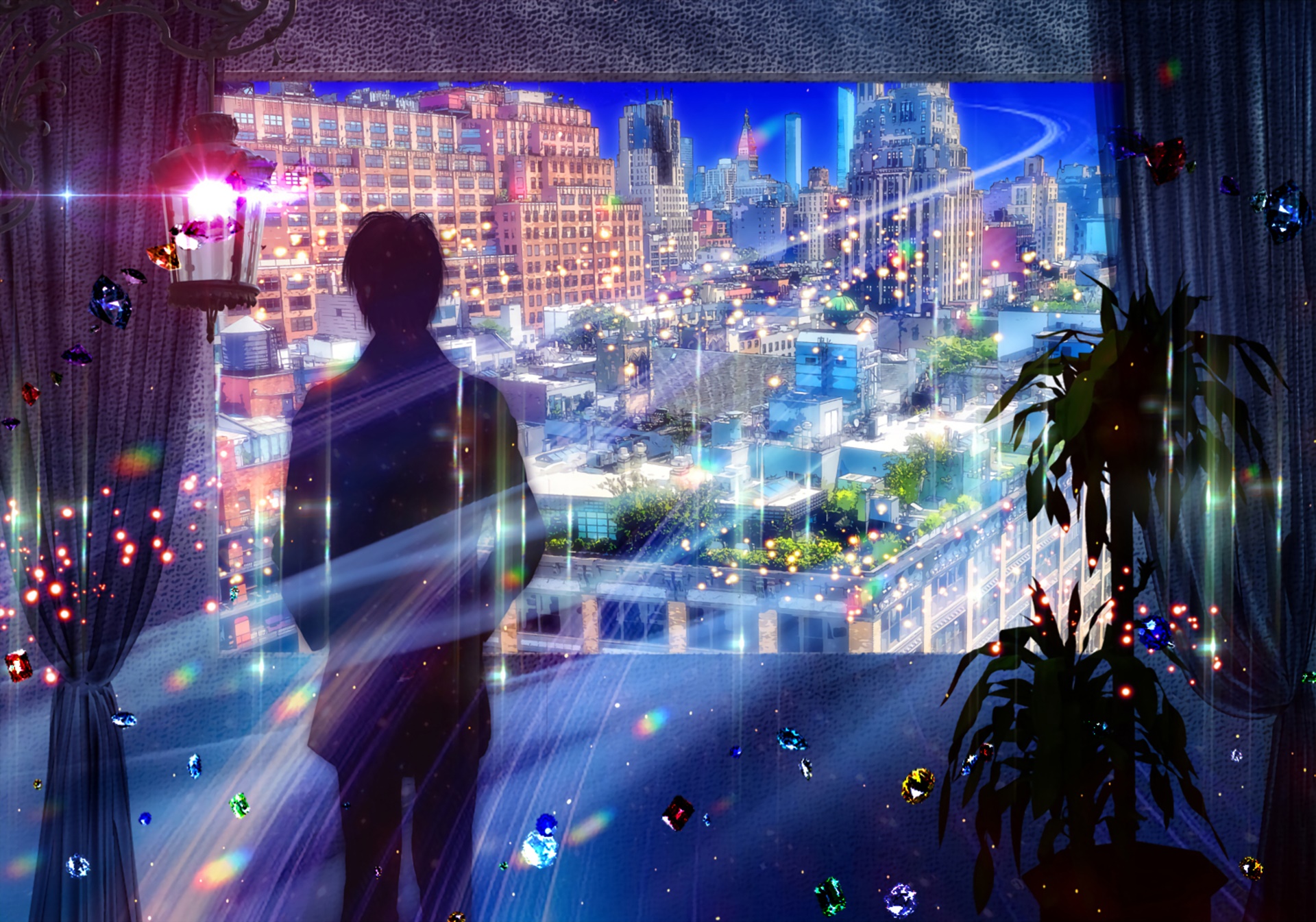 Person looking out at a city skyline at night HD Wallpaper