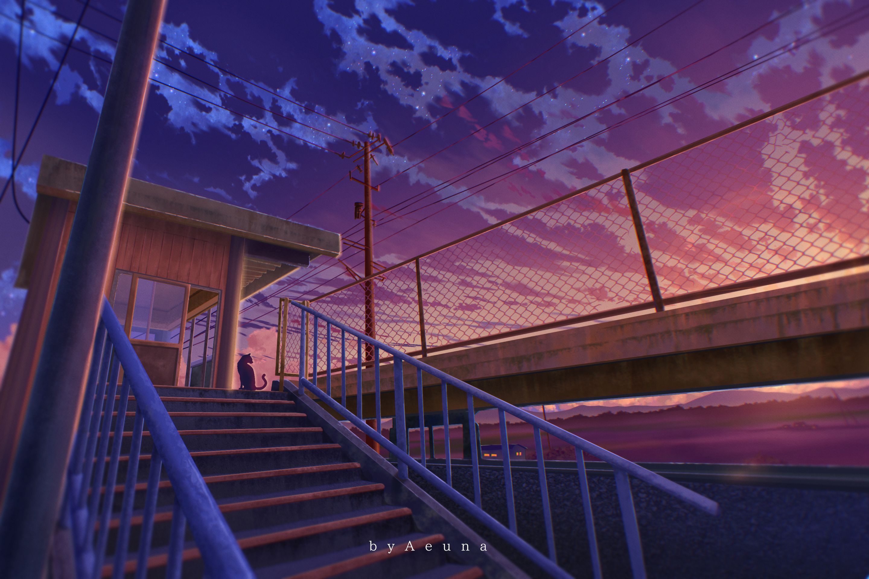 Anime train station at sunset with cats HD Wallpaper