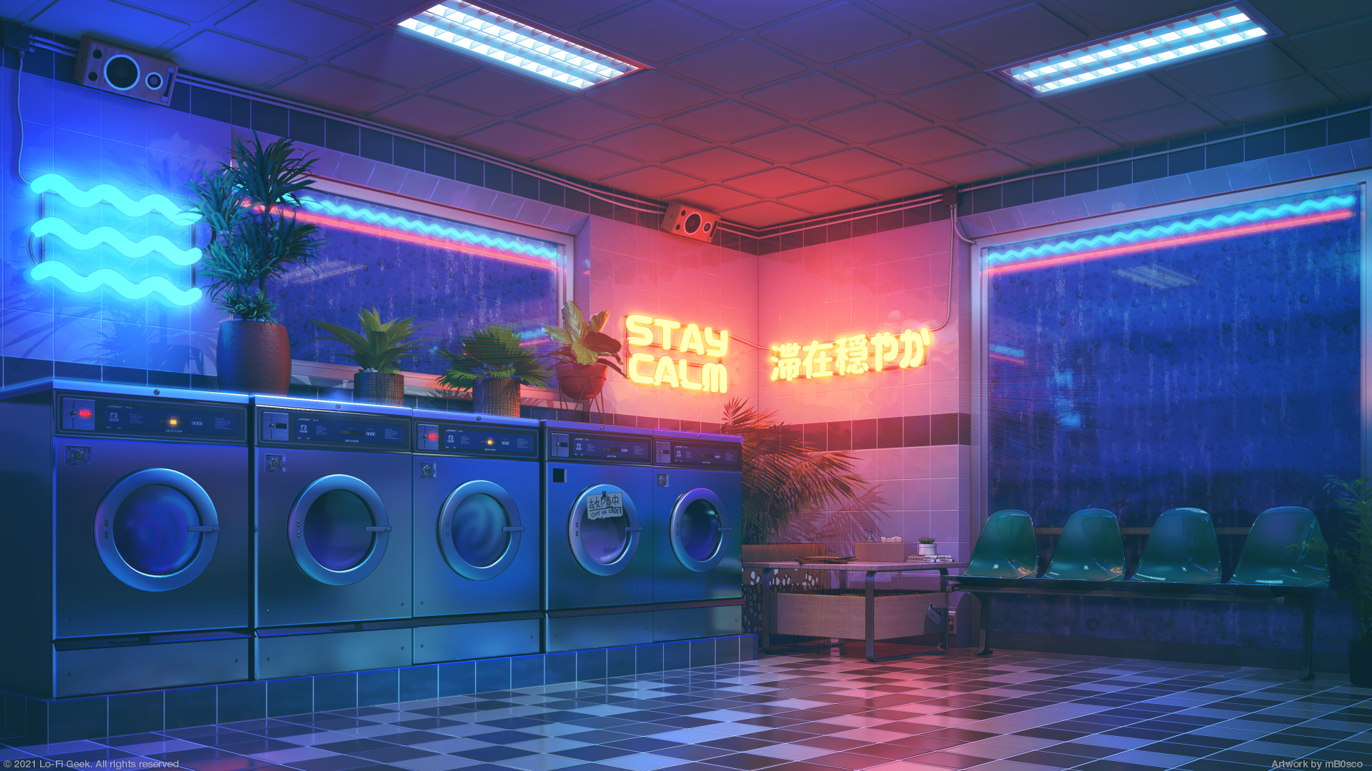 Retro-futuristic laundromat with neon signs HD Wallpaper