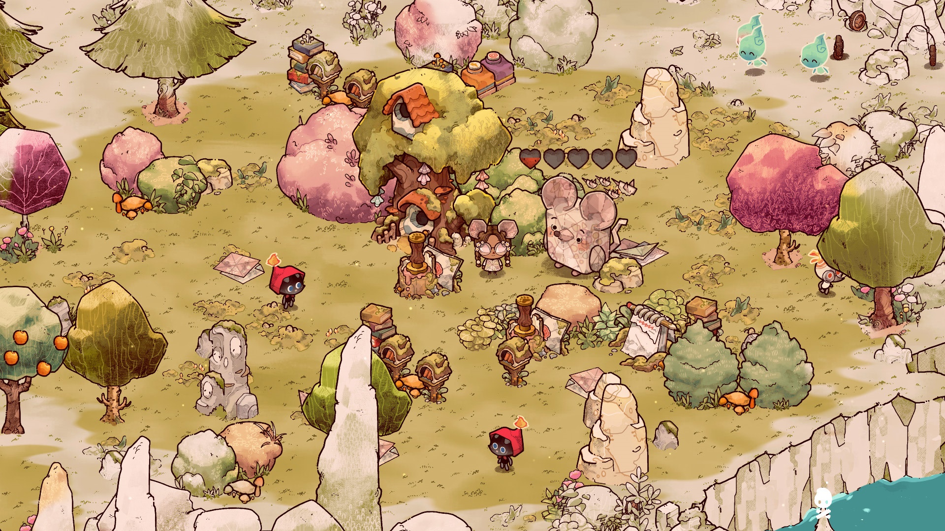 Cozy Grove characters and creatures in a forest HD Wallpaper
