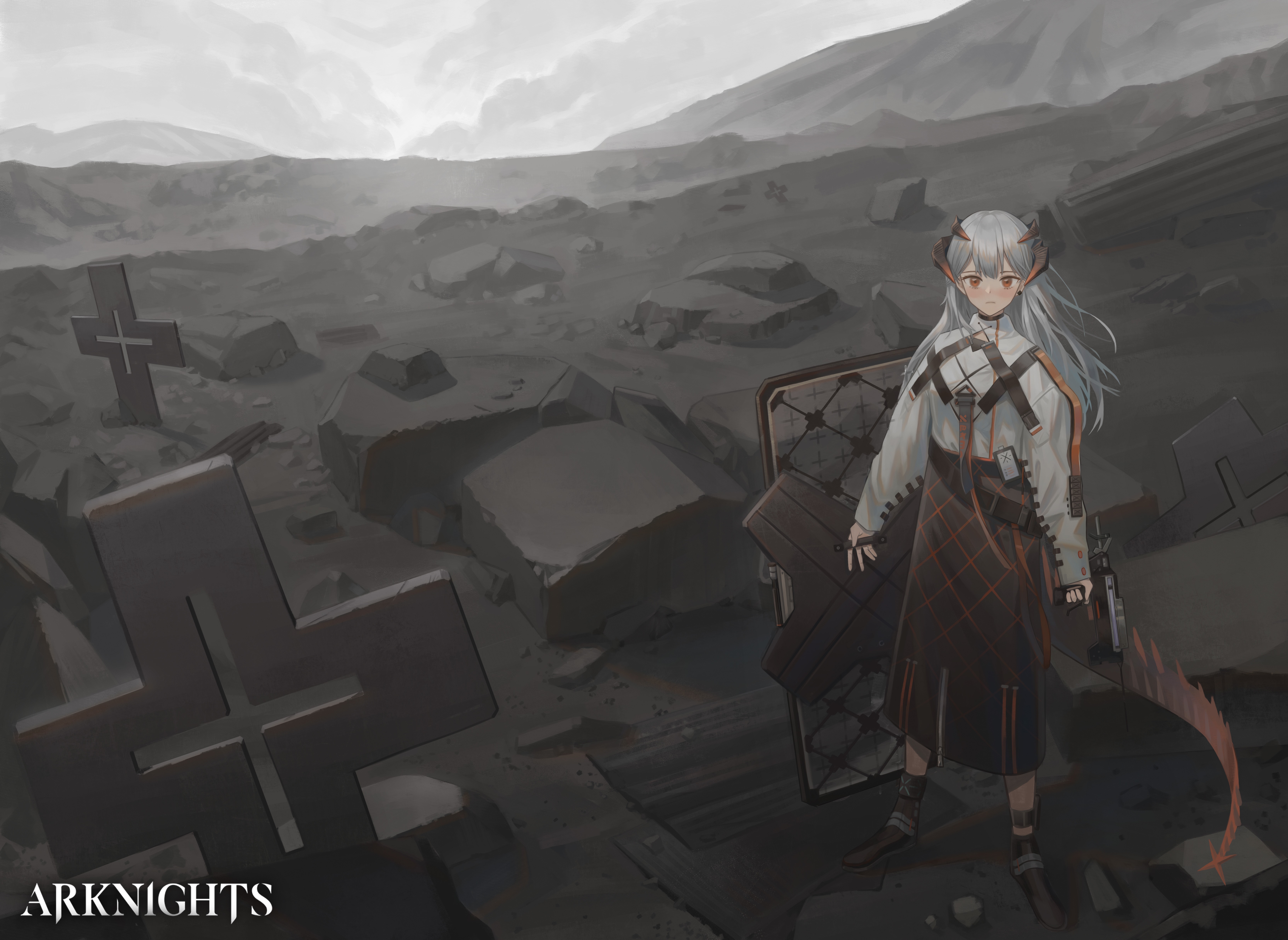 Saria from Arknights in a desolate landscape HD Wallpaper