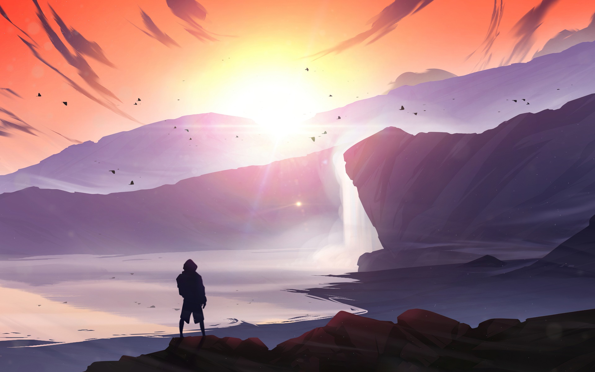 Silhouette of a person watching a sunset waterfall HD Wallpaper