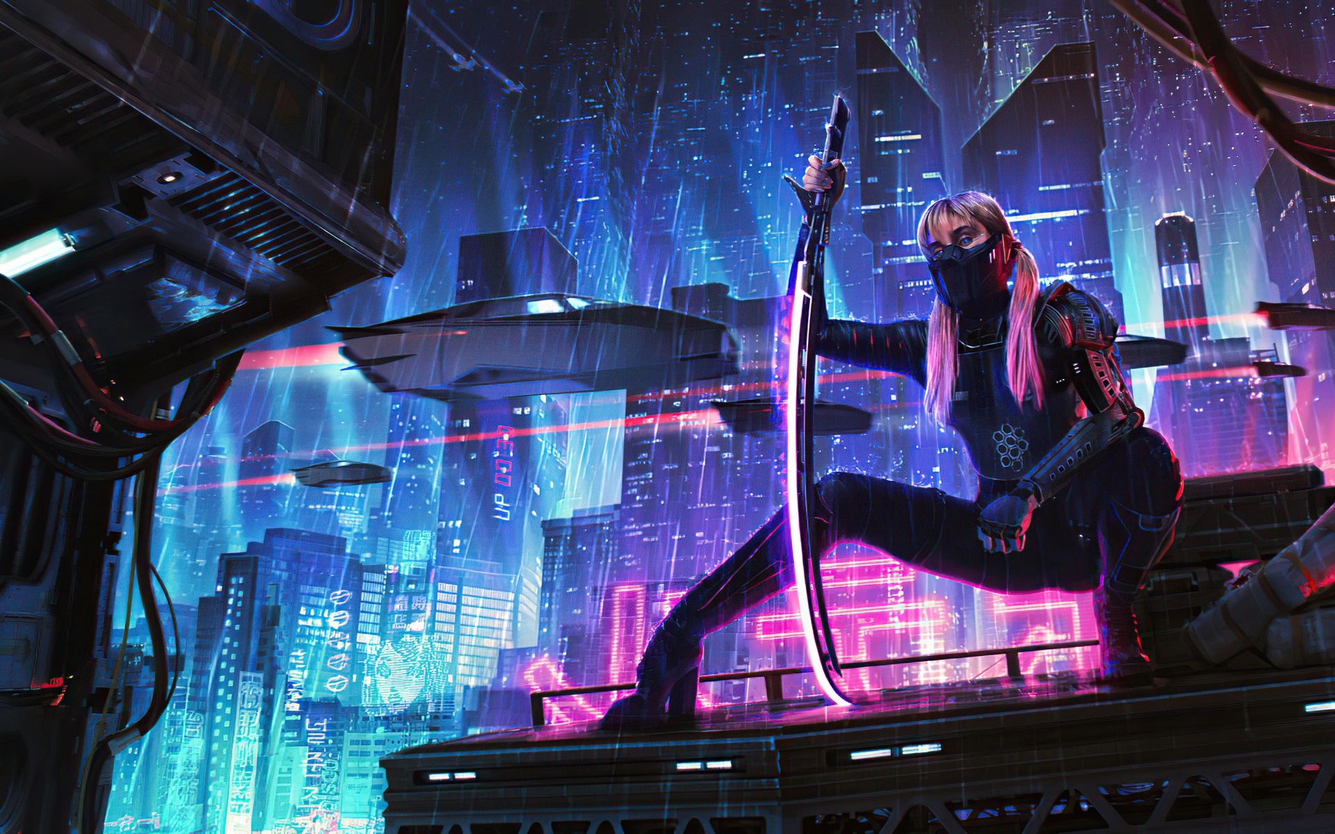 Futuristic Assassin with glowing sword in neon city HD Wallpaper