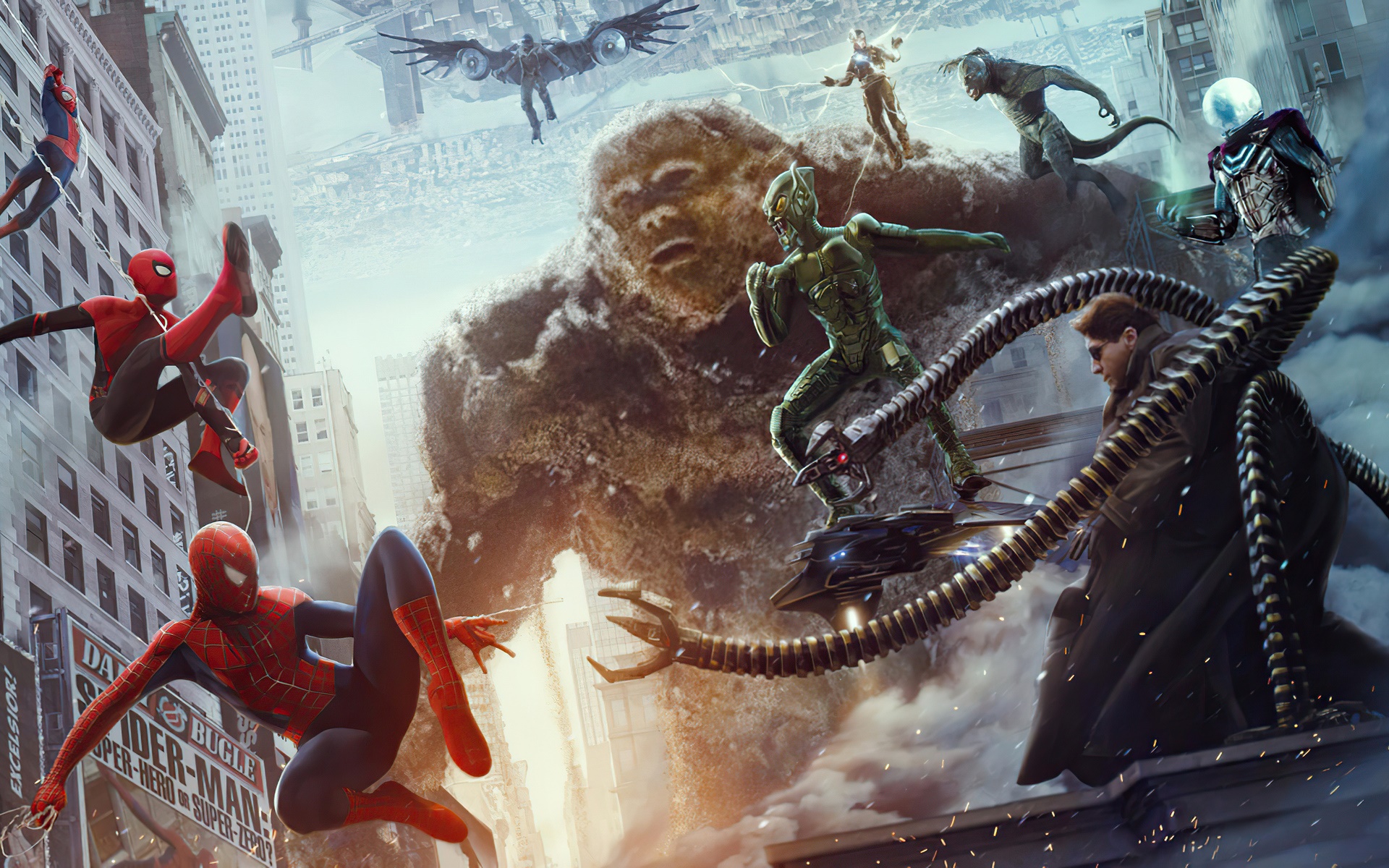 Spider-Man and Villains in City Battle HD Wallpaper