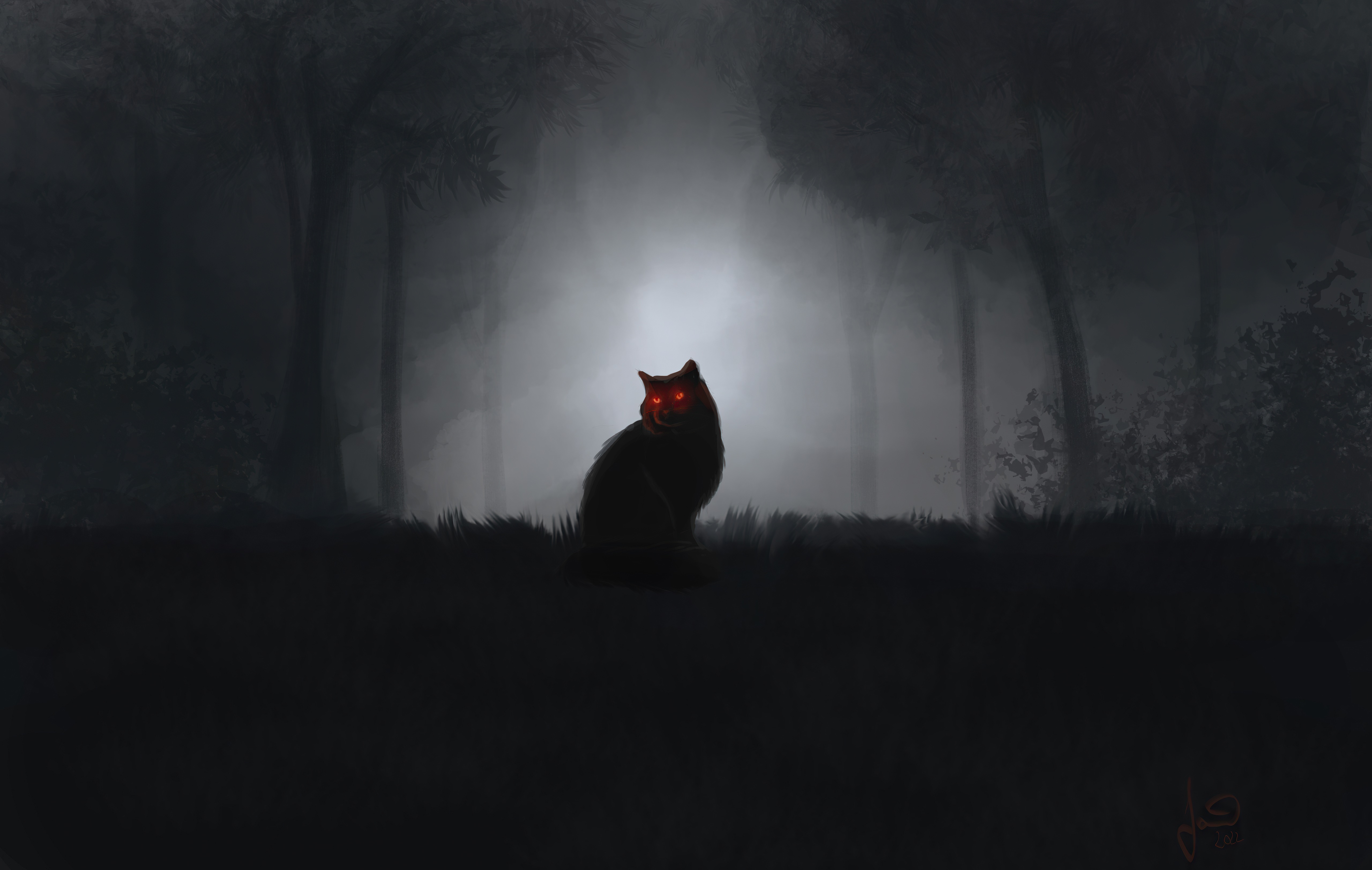 Black cat with glowing red eyes in a dark forest HD Wallpaper