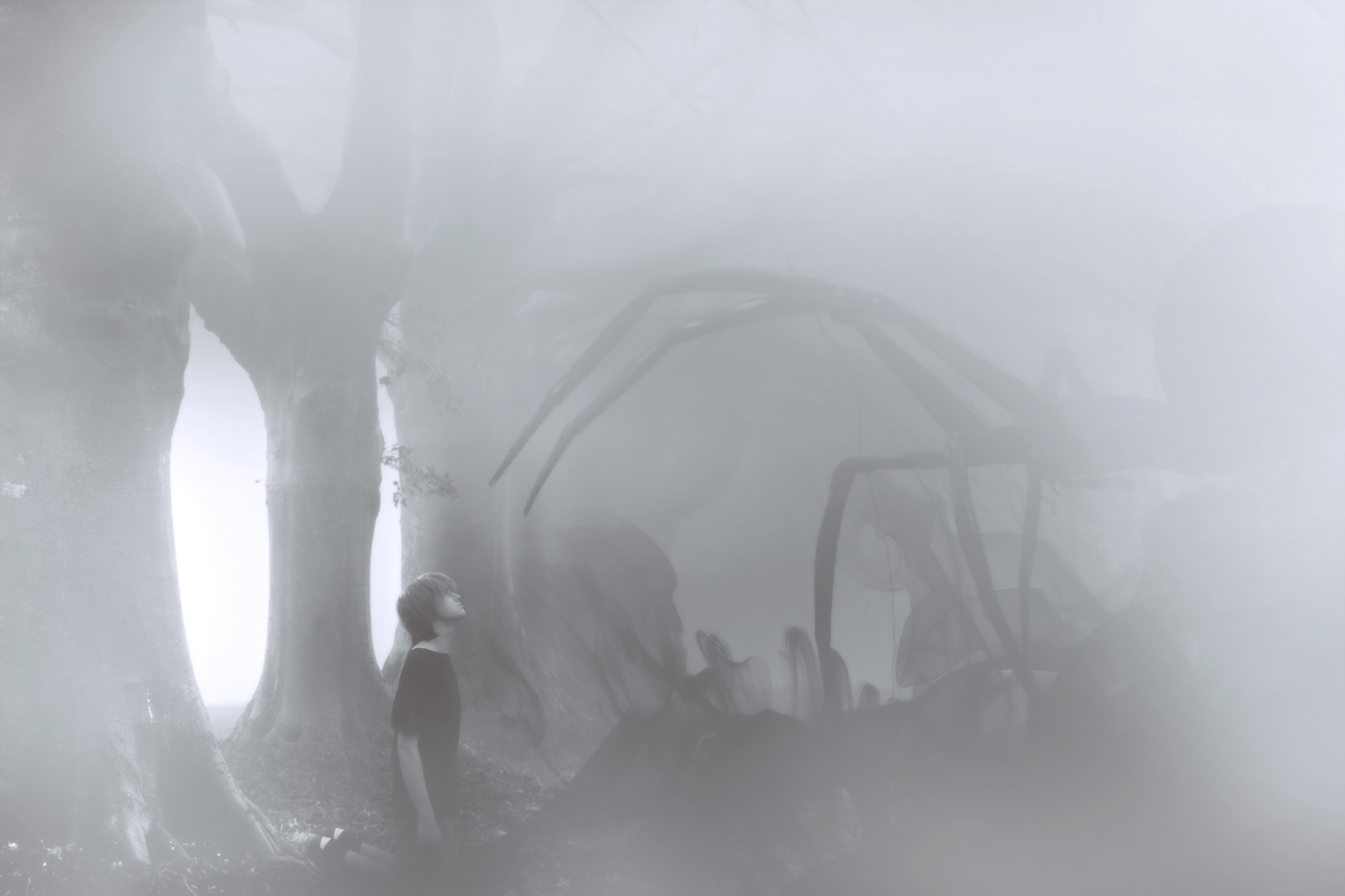 A child looks up at a giant spider in a foggy forest HD Wallpaper