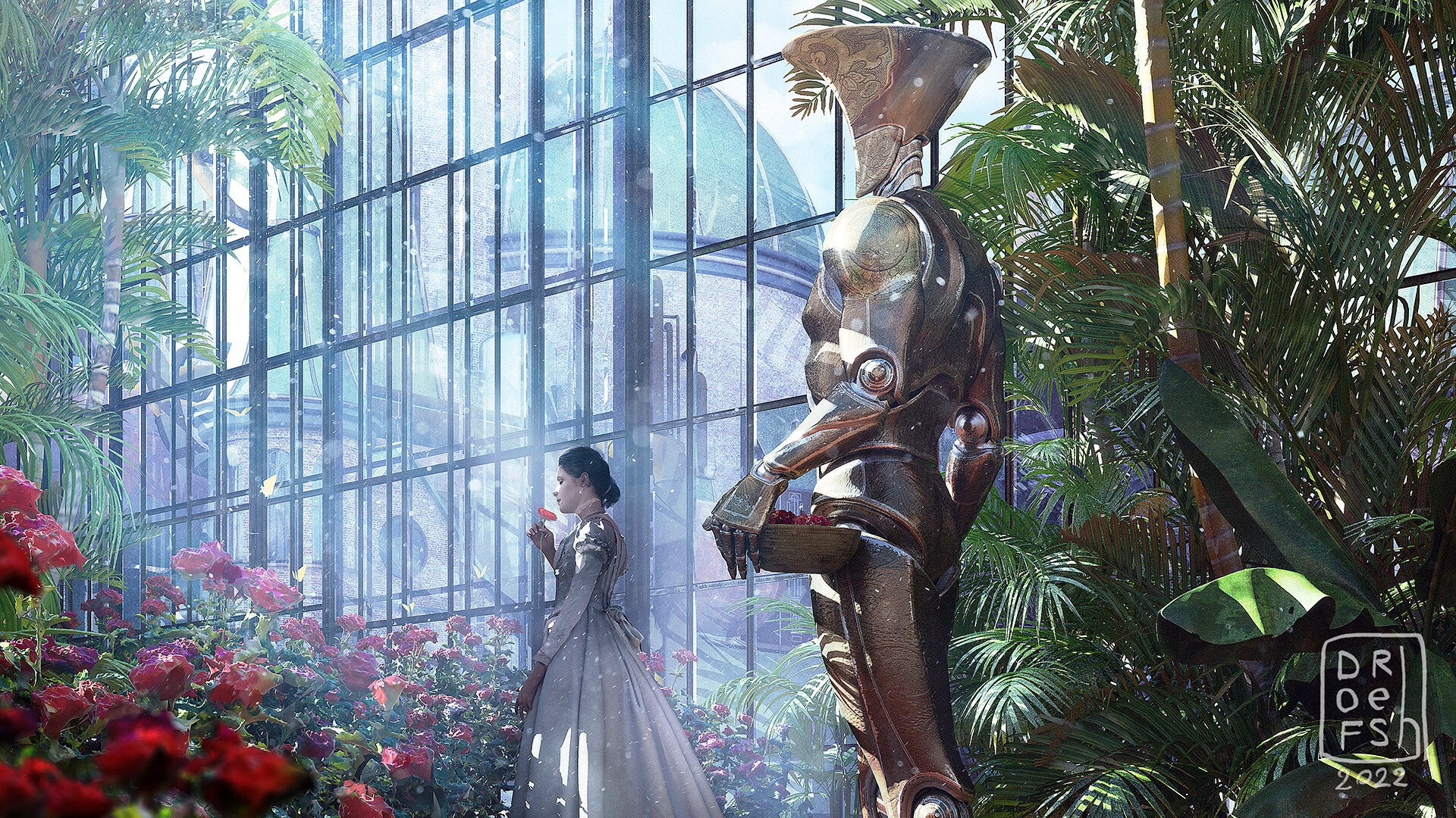 Woman and robot in a greenhouse with roses HD Wallpaper