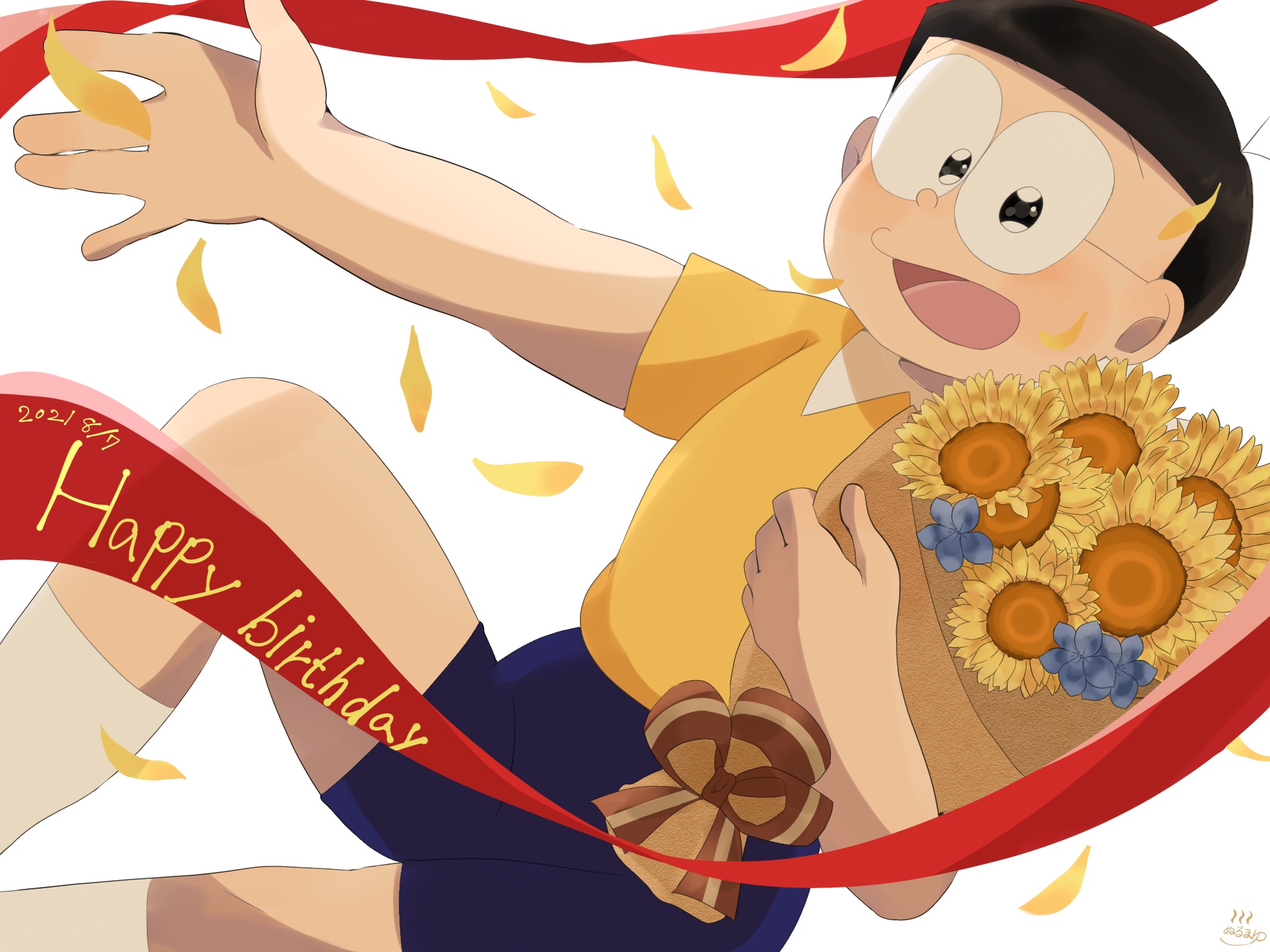 Nobita Nobi from Doraemon holding sunflowers HD Wallpaper
