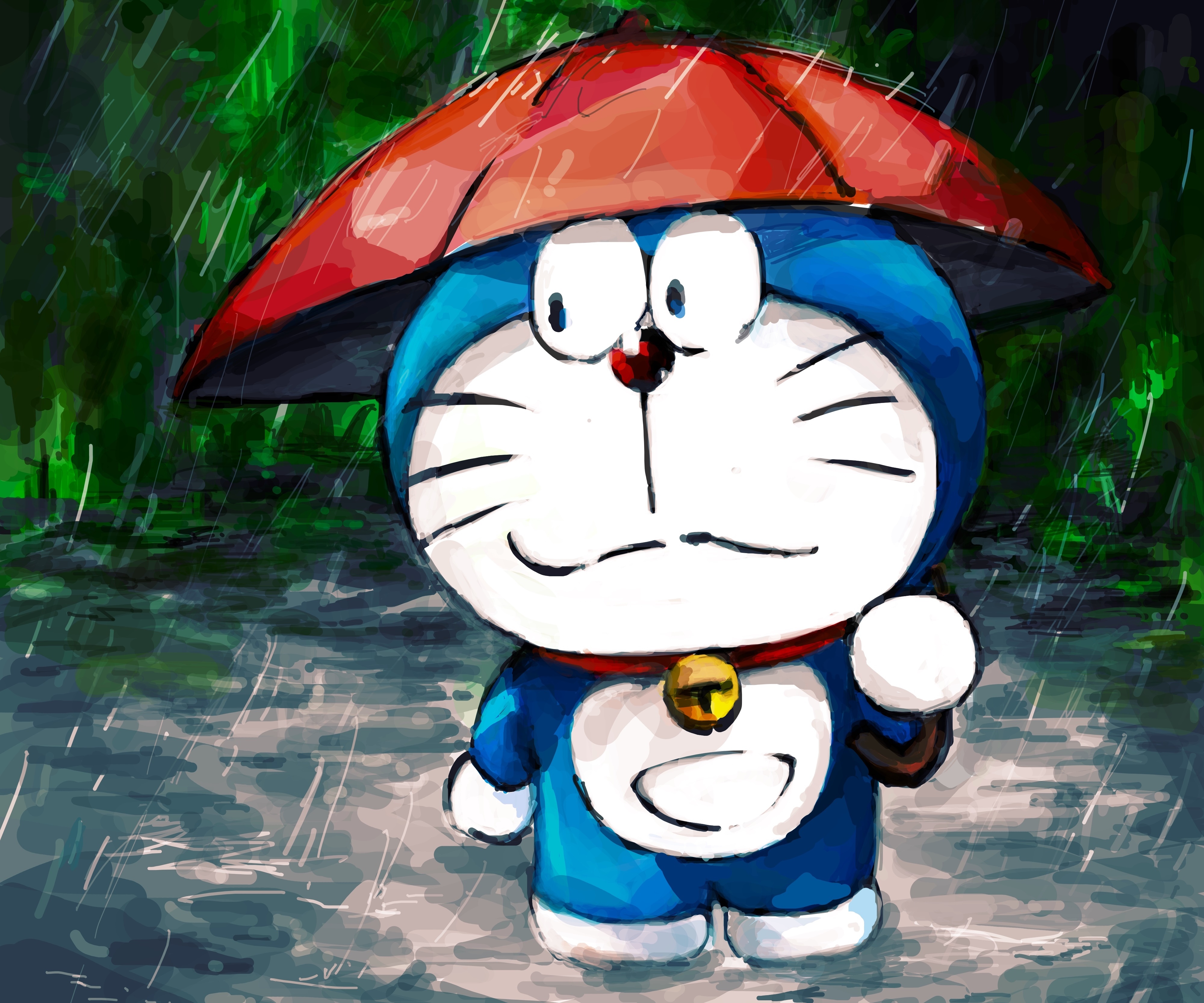 Doraemon in the rain with an umbrella 4K HD Wallpaper