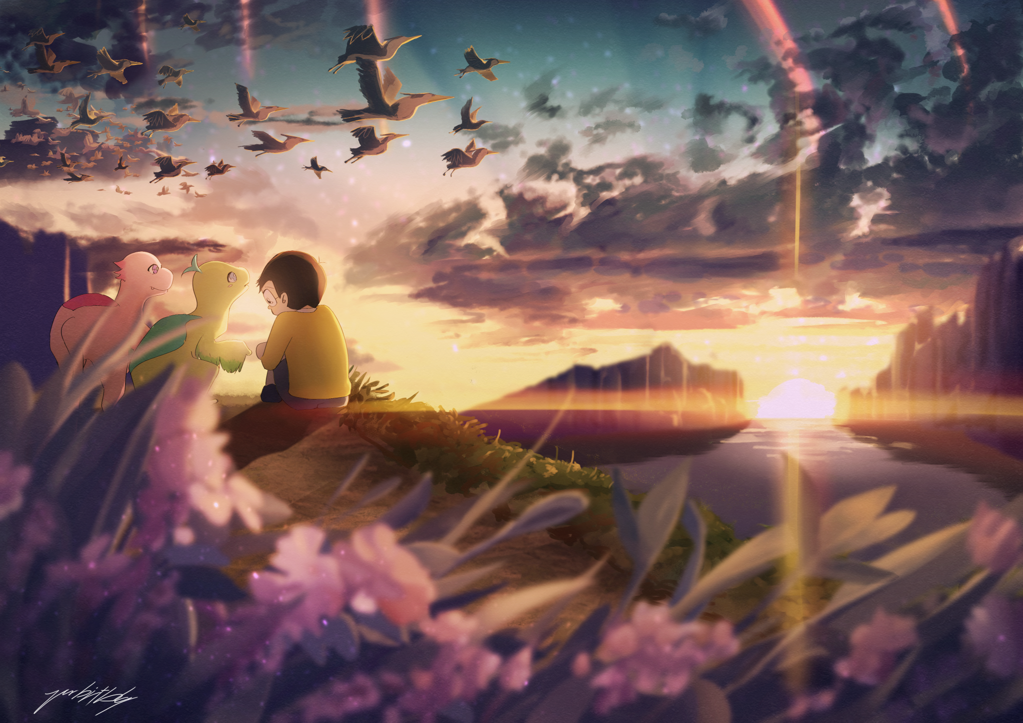 Nobita Nobi with Pokemon at sunset HD Wallpaper