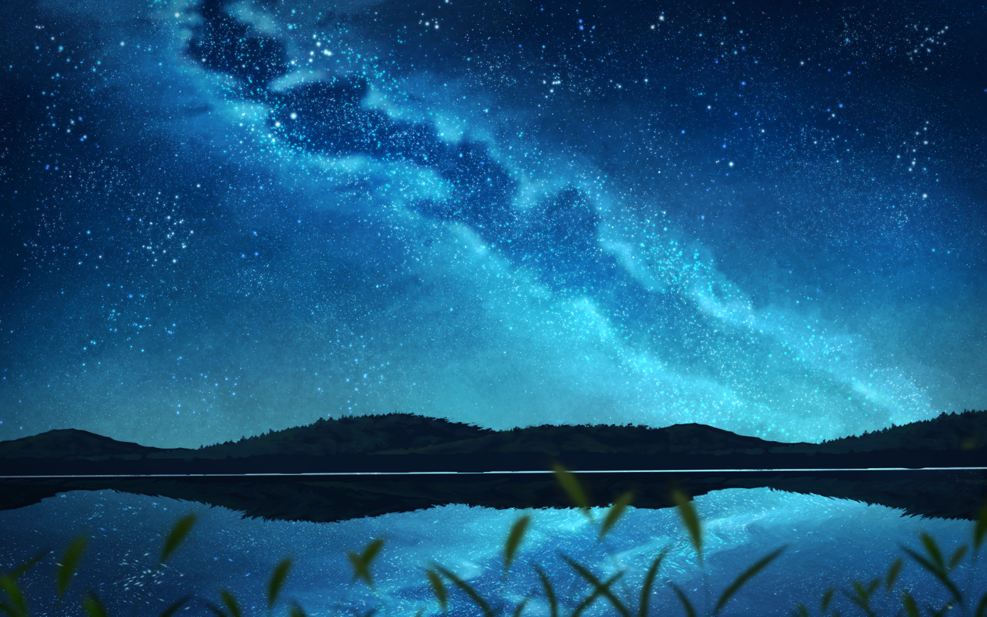 Starry Night Sky Over Lake and Hills HD Wallpaper